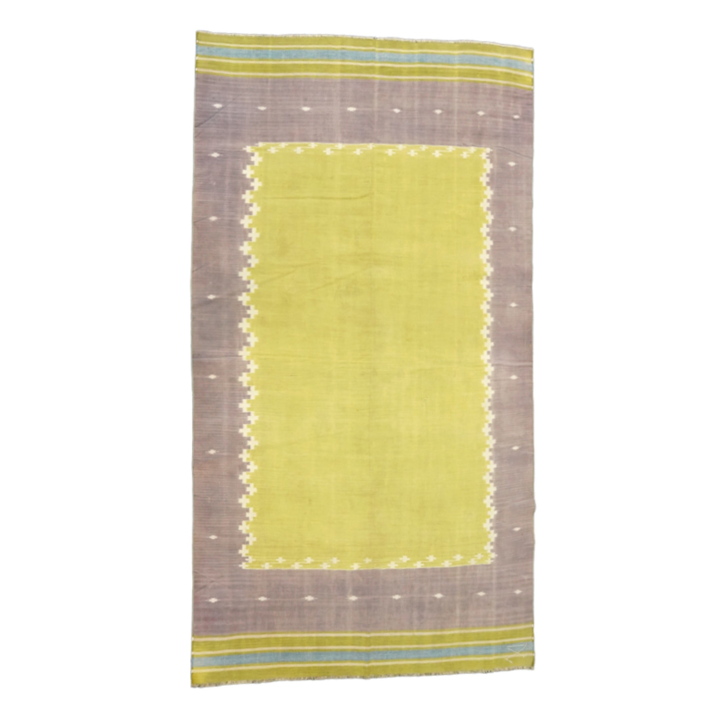 Vintage Dhurrie Runner Rug in Chartreuse with Brown Border  Rug & Kilim