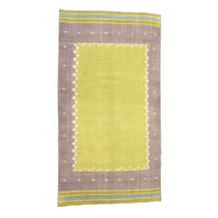 Tapis Dhurrie vintage en chartreuse avec bordure brune  Rug & Kilim