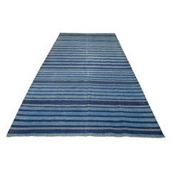 Vintage Dhurrie Runner Rug with Blue and Beige Stripes  Rug & Kilim
