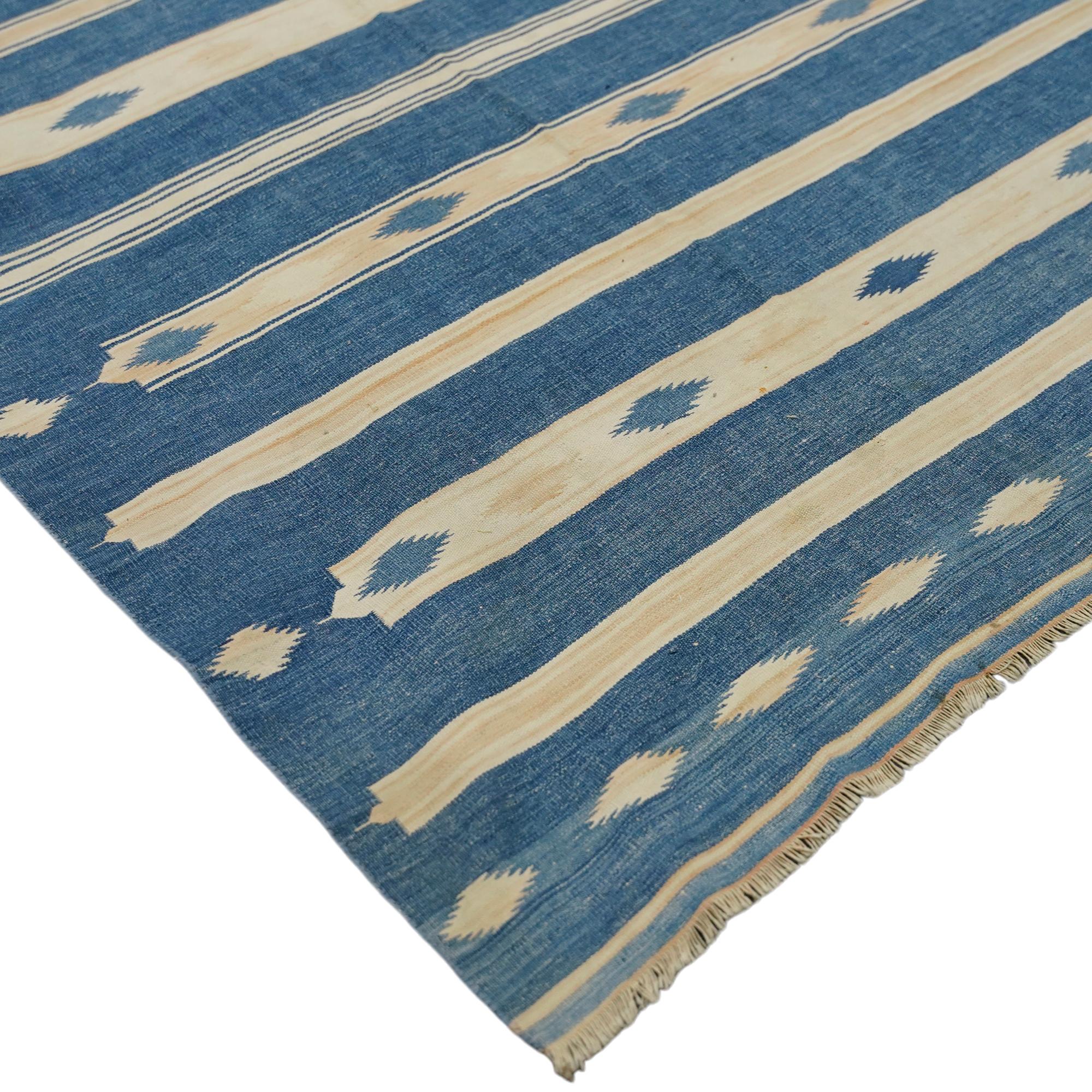 Indian Vintage Dhurrie Runner Rug with Blue and Cream Stripes  Rug & Kilim For Sale
