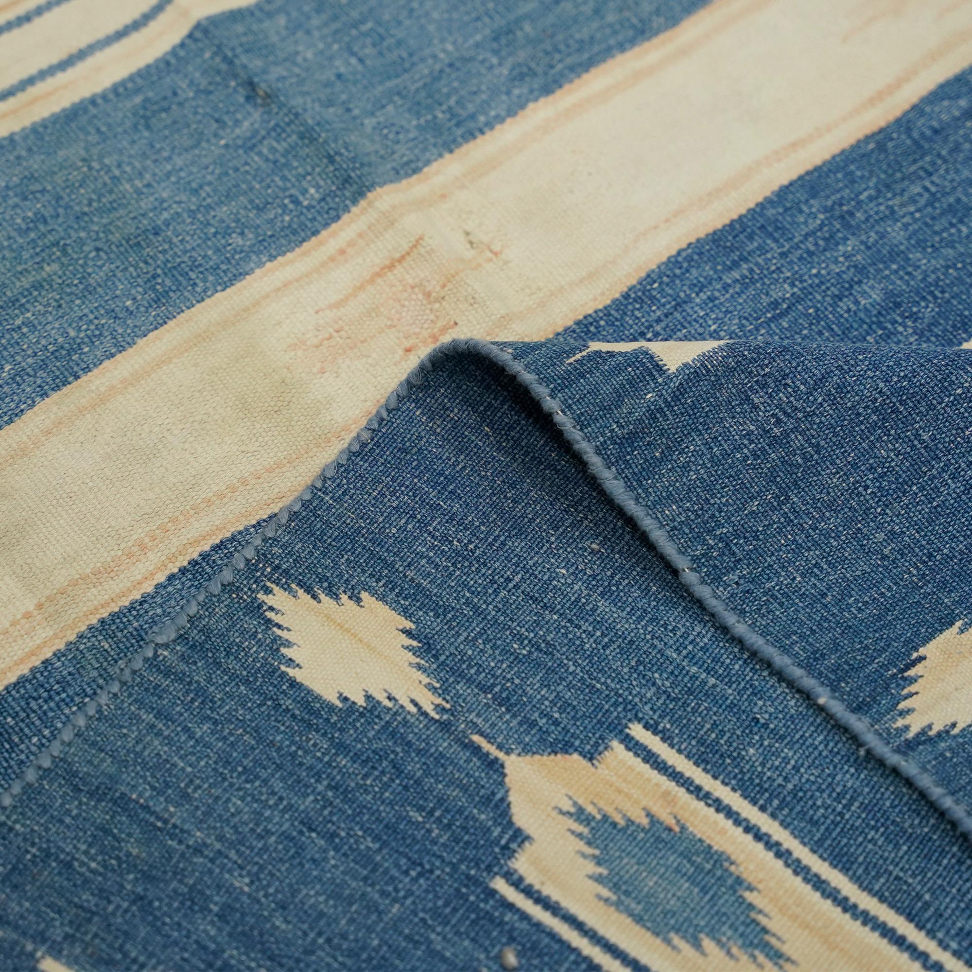 Vintage Dhurrie Runner Rug with Blue and Cream Stripes  Rug & Kilim In Good Condition For Sale In Long Island City, NY
