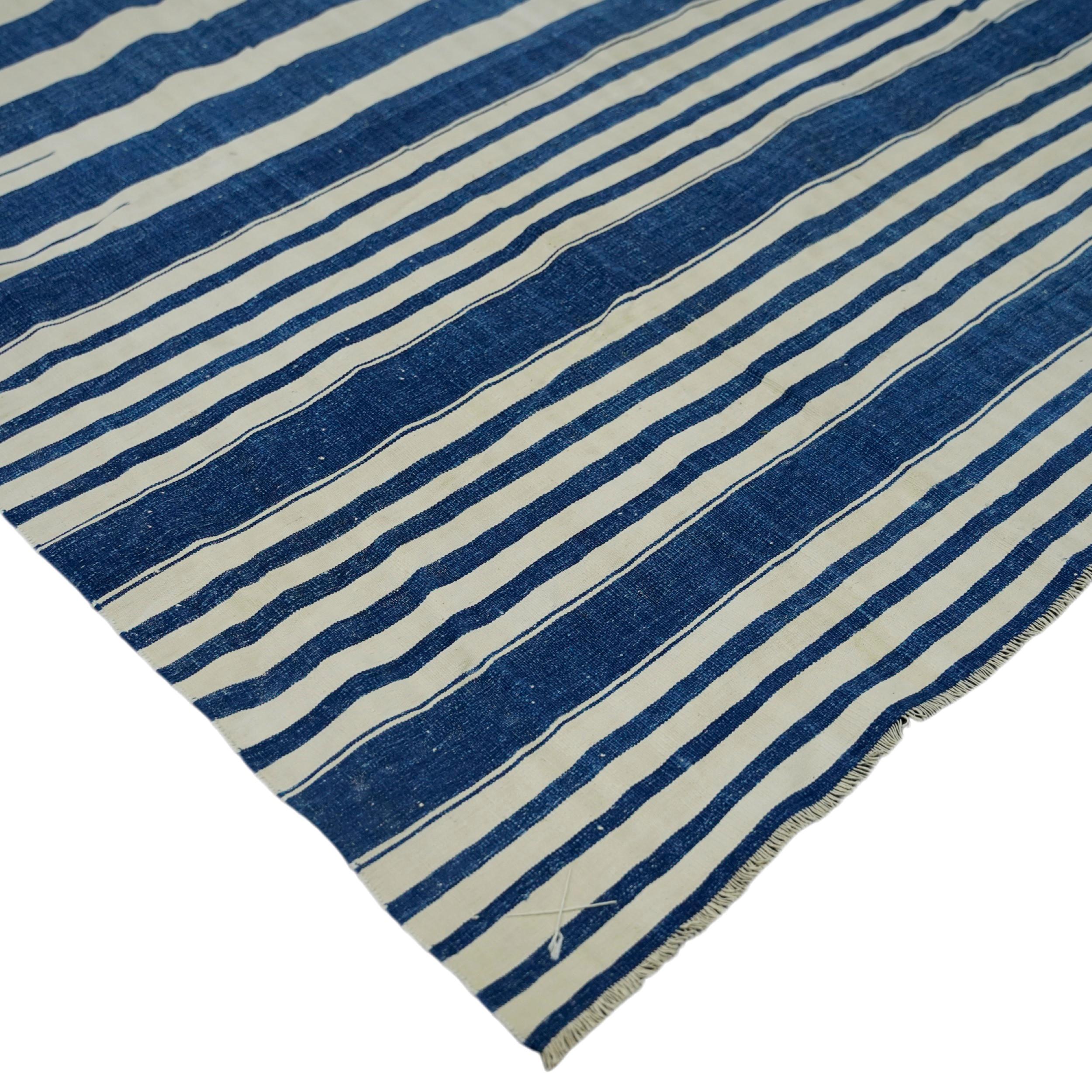 Indian Vintage Dhurrie Runner Rug with Blue and White Stripes  Rug & Kilim For Sale