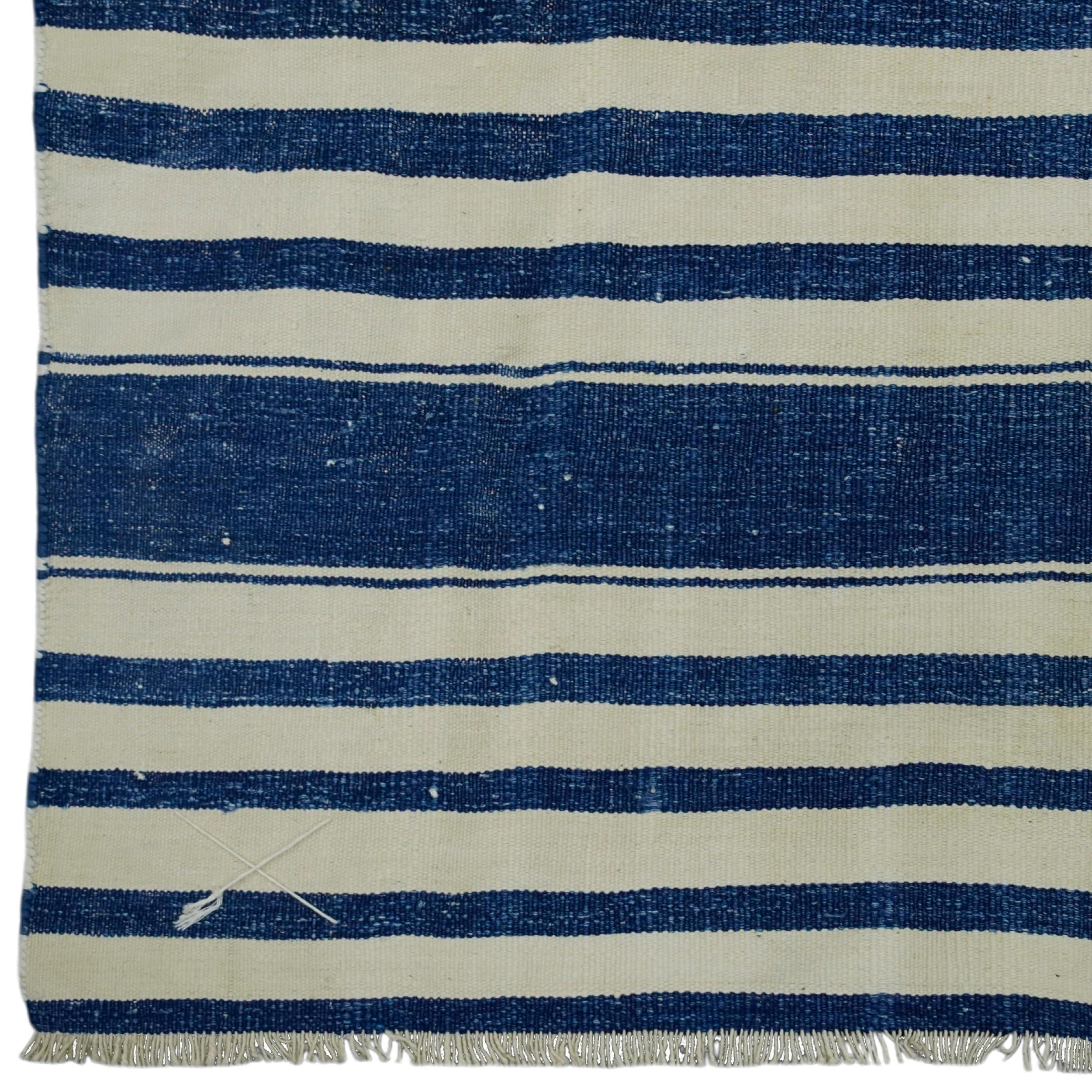 Hand-Woven Vintage Dhurrie Runner Rug with Blue and White Stripes  Rug & Kilim For Sale