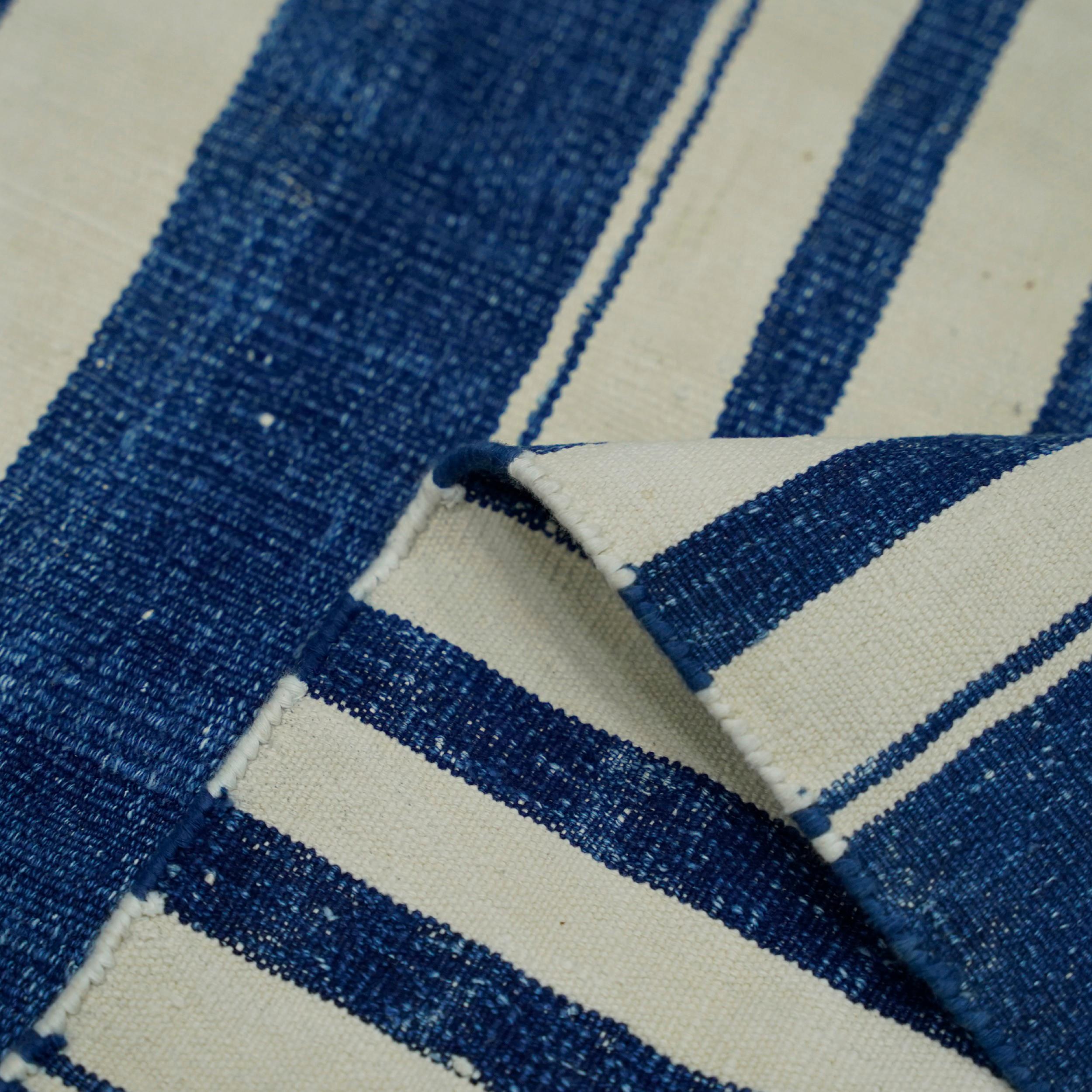 Vintage Dhurrie Runner Rug with Blue and White Stripes  Rug & Kilim In Good Condition For Sale In Long Island City, NY