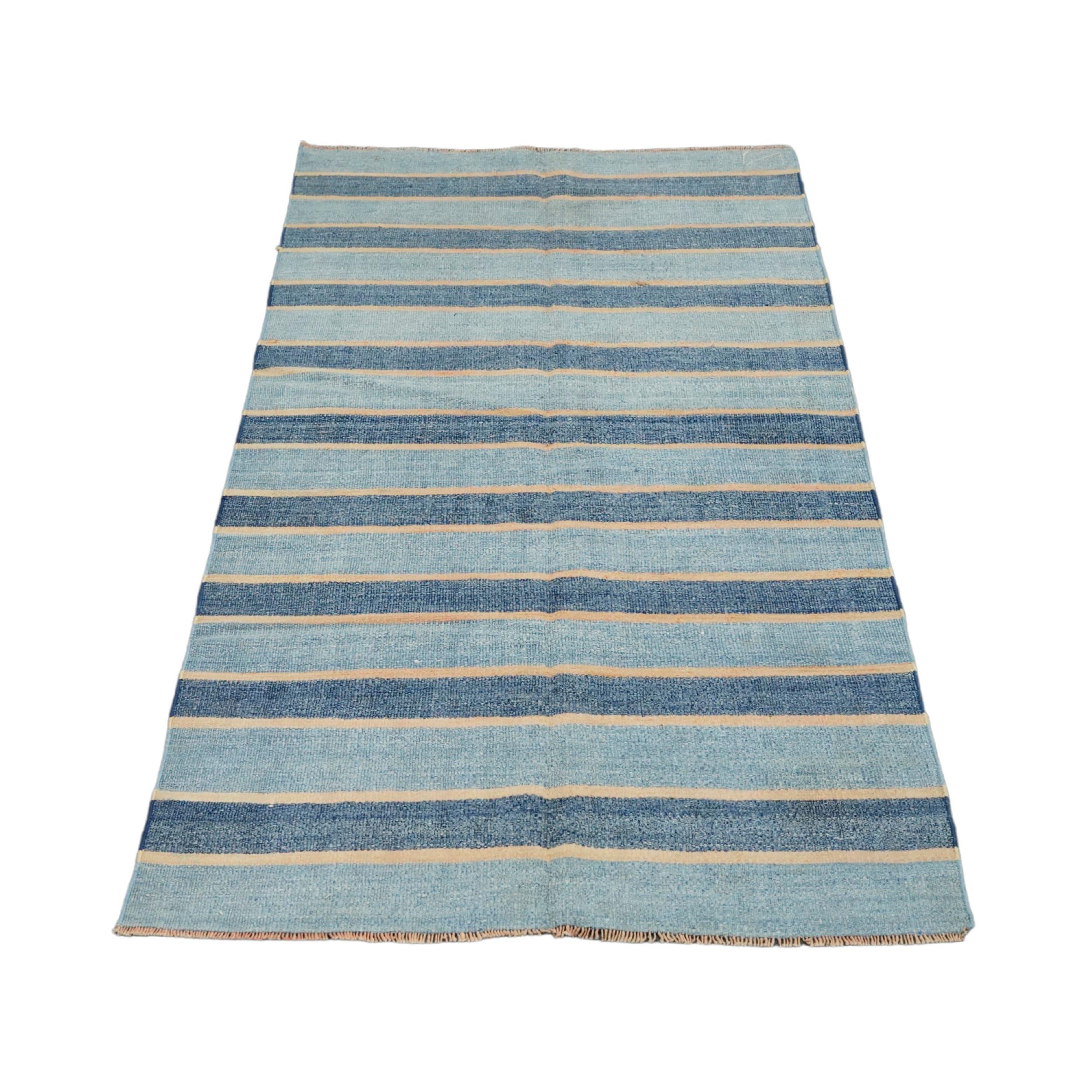 Indian Vintage Dhurrie Runner Rug with Blue Stripes and Beige Accents  Rug & Kilim For Sale