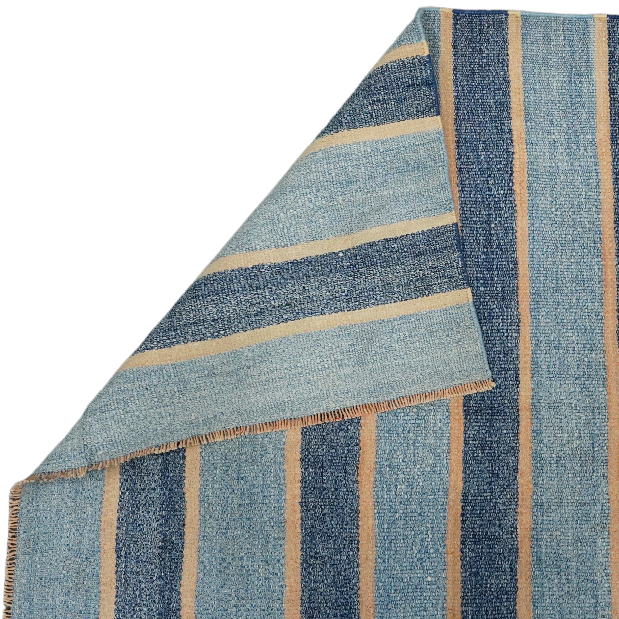 Hand-Woven Vintage Dhurrie Runner Rug with Blue Stripes and Beige Accents  Rug & Kilim For Sale