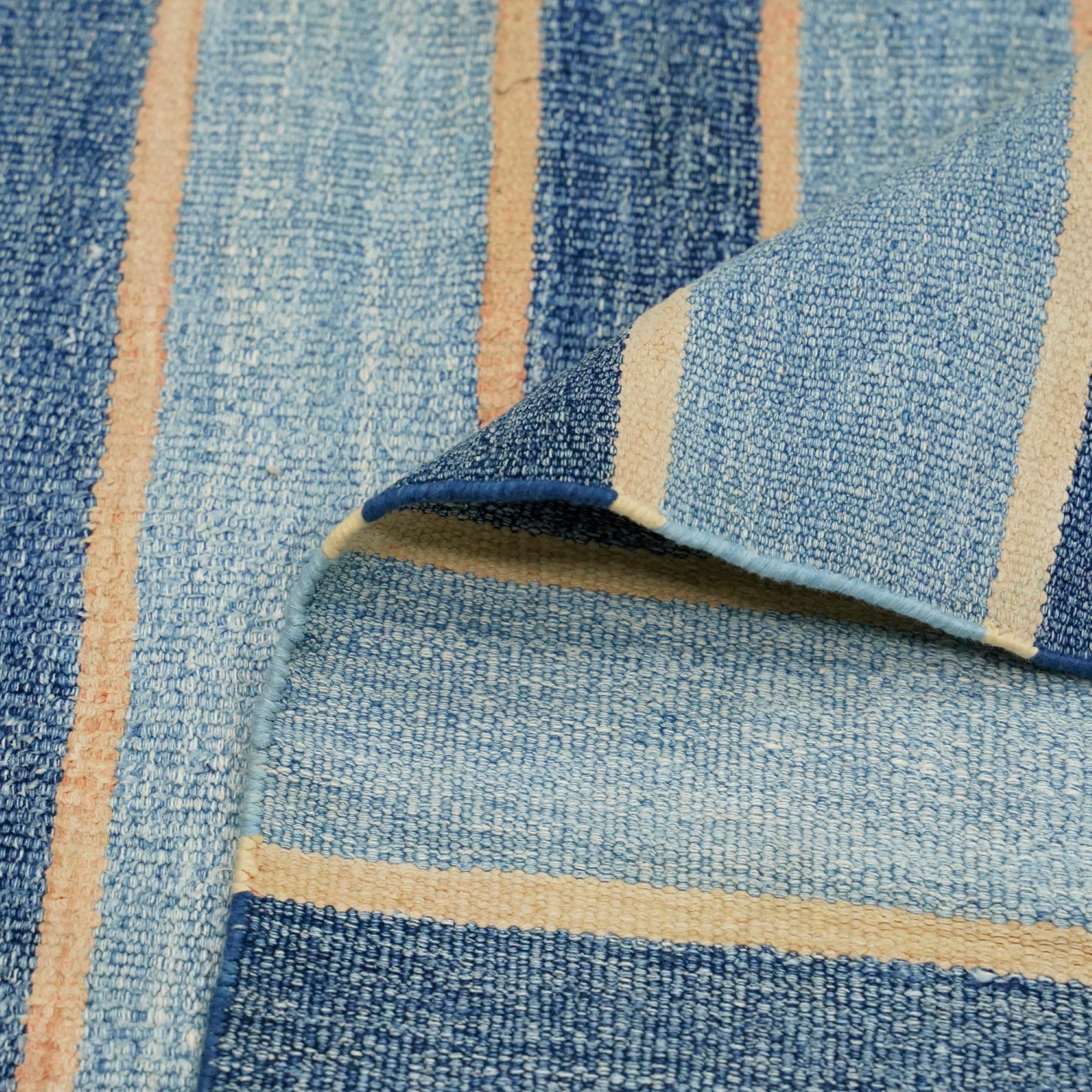 Vintage Dhurrie Runner Rug with Blue Stripes and Beige Accents  Rug & Kilim In Good Condition For Sale In Long Island City, NY