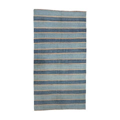 Tapis Dhurrie vintage à rayures bleues et accents beiges  Rug & Kilim