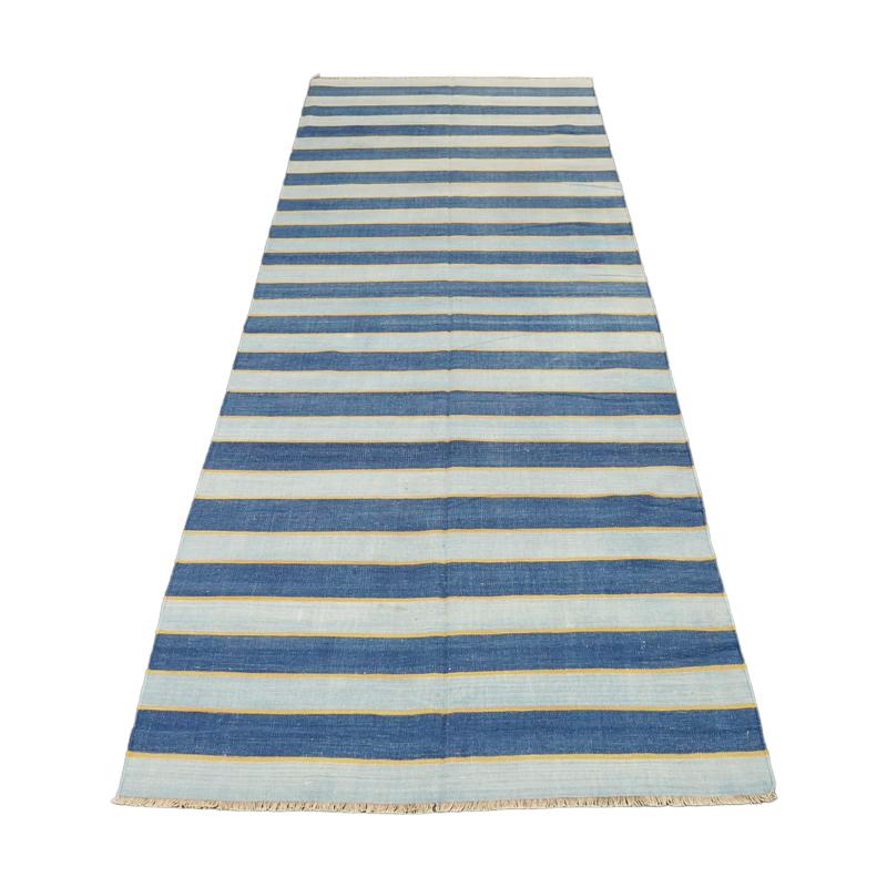 Indian Vintage Dhurrie Runner Rug with Blue Stripes and Gold Accents  Rug & Kilim