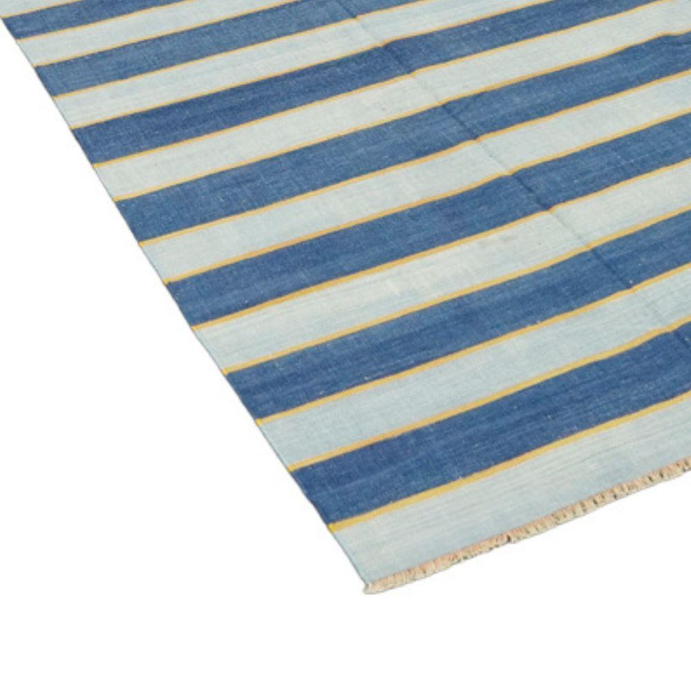Hand-Woven Vintage Dhurrie Runner Rug with Blue Stripes and Gold Accents  Rug & Kilim