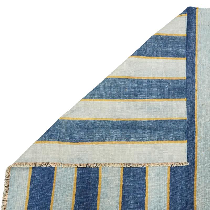 Vintage Dhurrie Runner Rug with Blue Stripes and Gold Accents  Rug & Kilim In Good Condition In Long Island City, NY