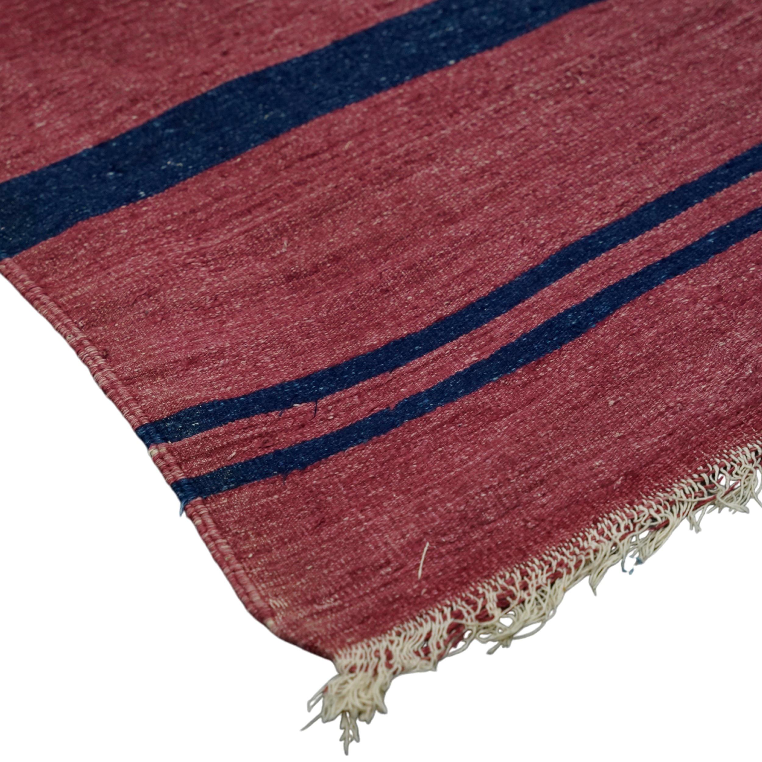 Indian Vintage Dhurrie Runner Rug with Red and Blue Stripes  Rug & Kilim For Sale