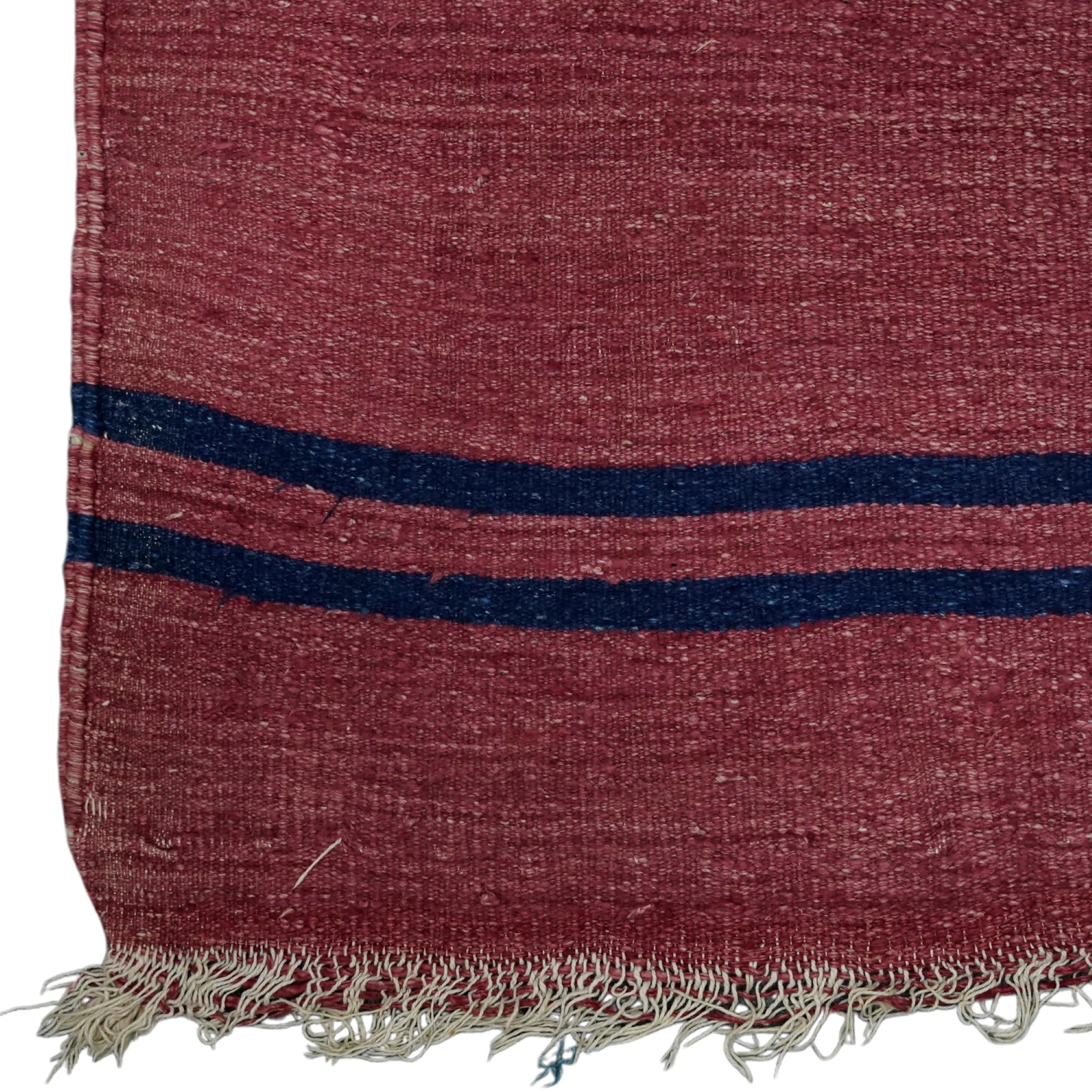 Hand-Woven Vintage Dhurrie Runner Rug with Red and Blue Stripes  Rug & Kilim For Sale