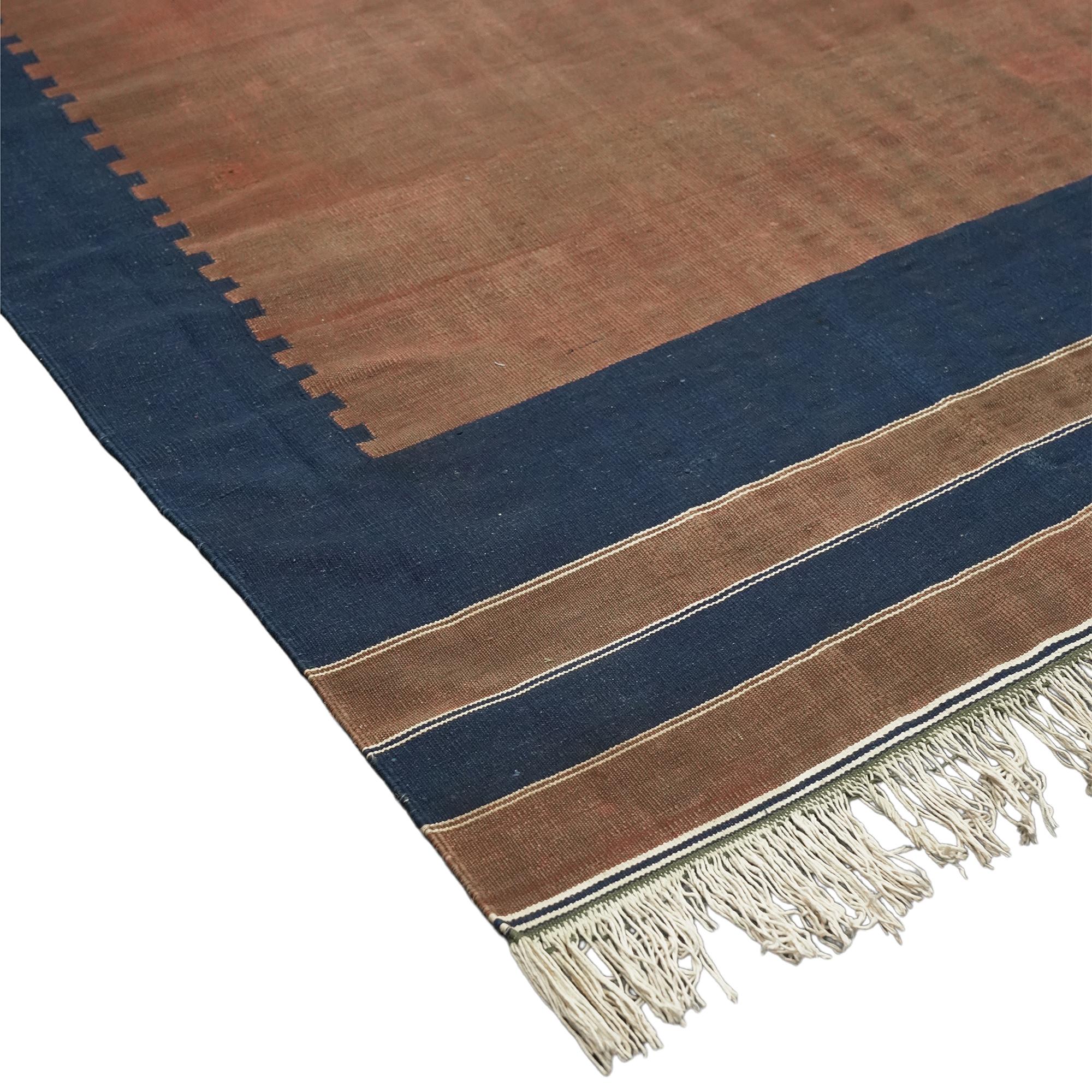 Vintage Dhurrie Solid Rug in Blue and Brown, from Rug & Kilim In Good Condition For Sale In Long Island City, NY