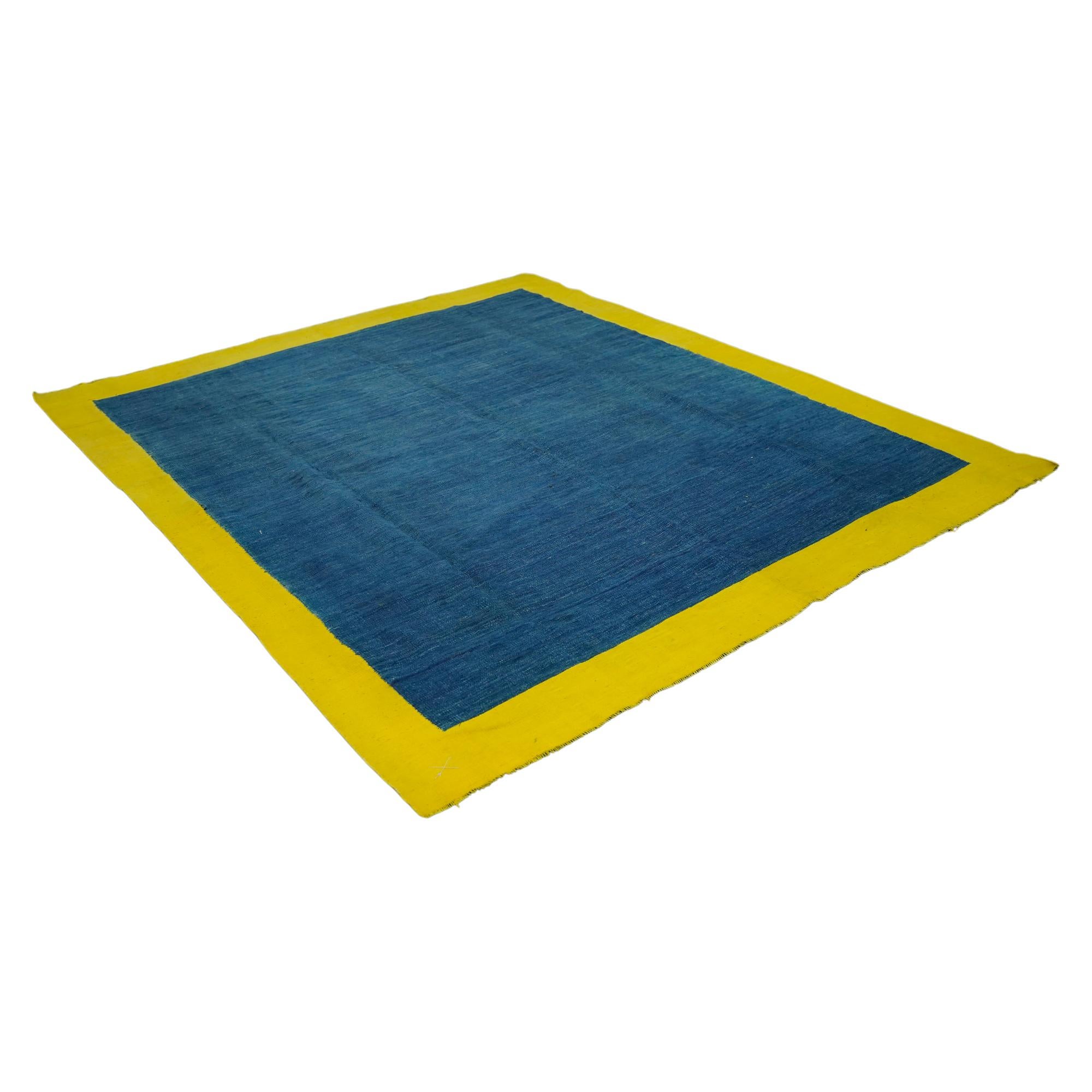 Indian Vintage Dhurrie Solid Rug in Blue Open Field with Yellow Border  Rug & Kilim For Sale