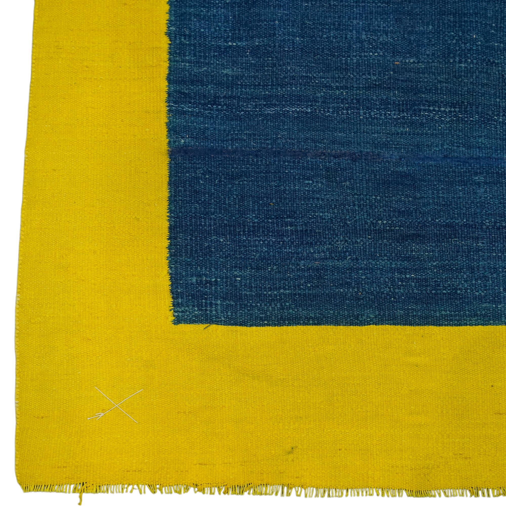 Hand-Woven Vintage Dhurrie Solid Rug in Blue Open Field with Yellow Border  Rug & Kilim For Sale