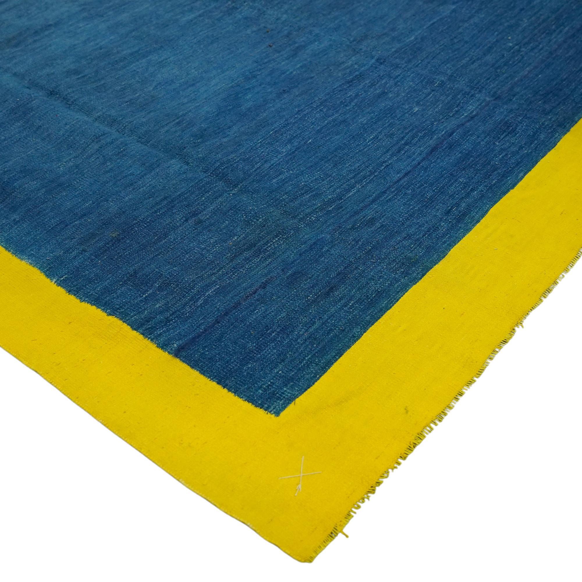 Vintage Dhurrie Solid Rug in Blue Open Field with Yellow Border  Rug & Kilim In Good Condition For Sale In Long Island City, NY