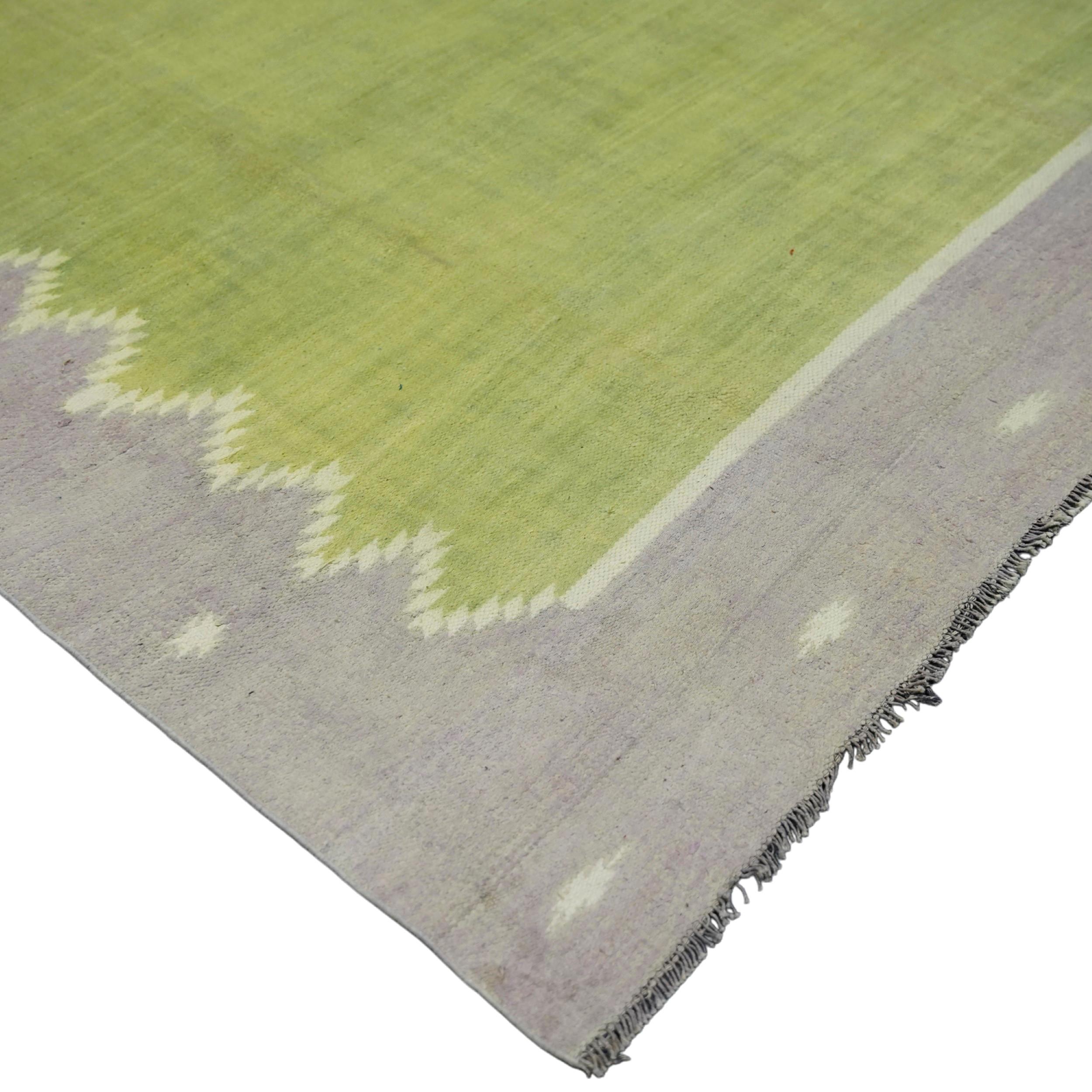Indian Vintage Dhurrie Solid Rug in Chartreuse with Brown Geometric Border Rug & Kilim For Sale