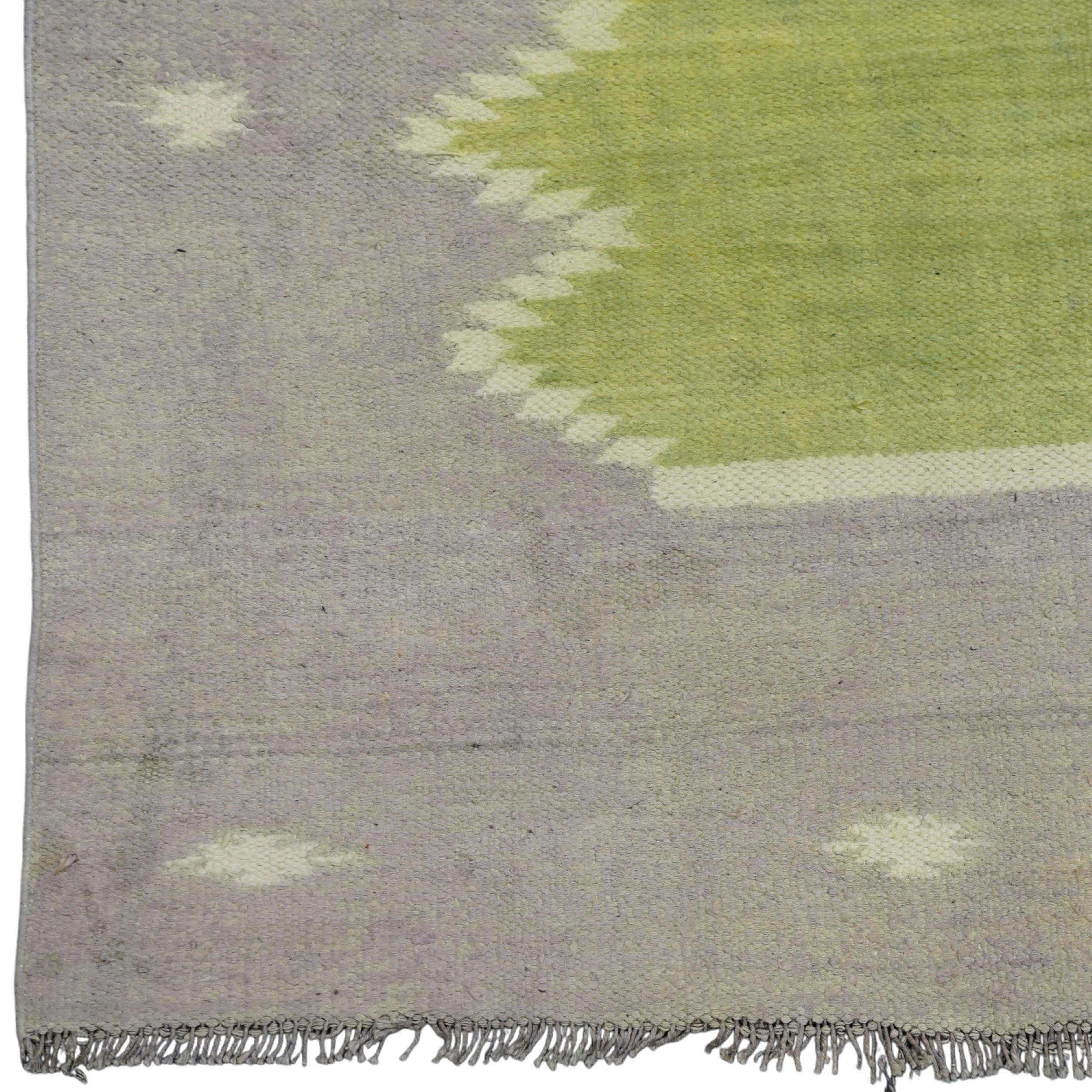 Hand-Woven Vintage Dhurrie Solid Rug in Chartreuse with Brown Geometric Border Rug & Kilim For Sale