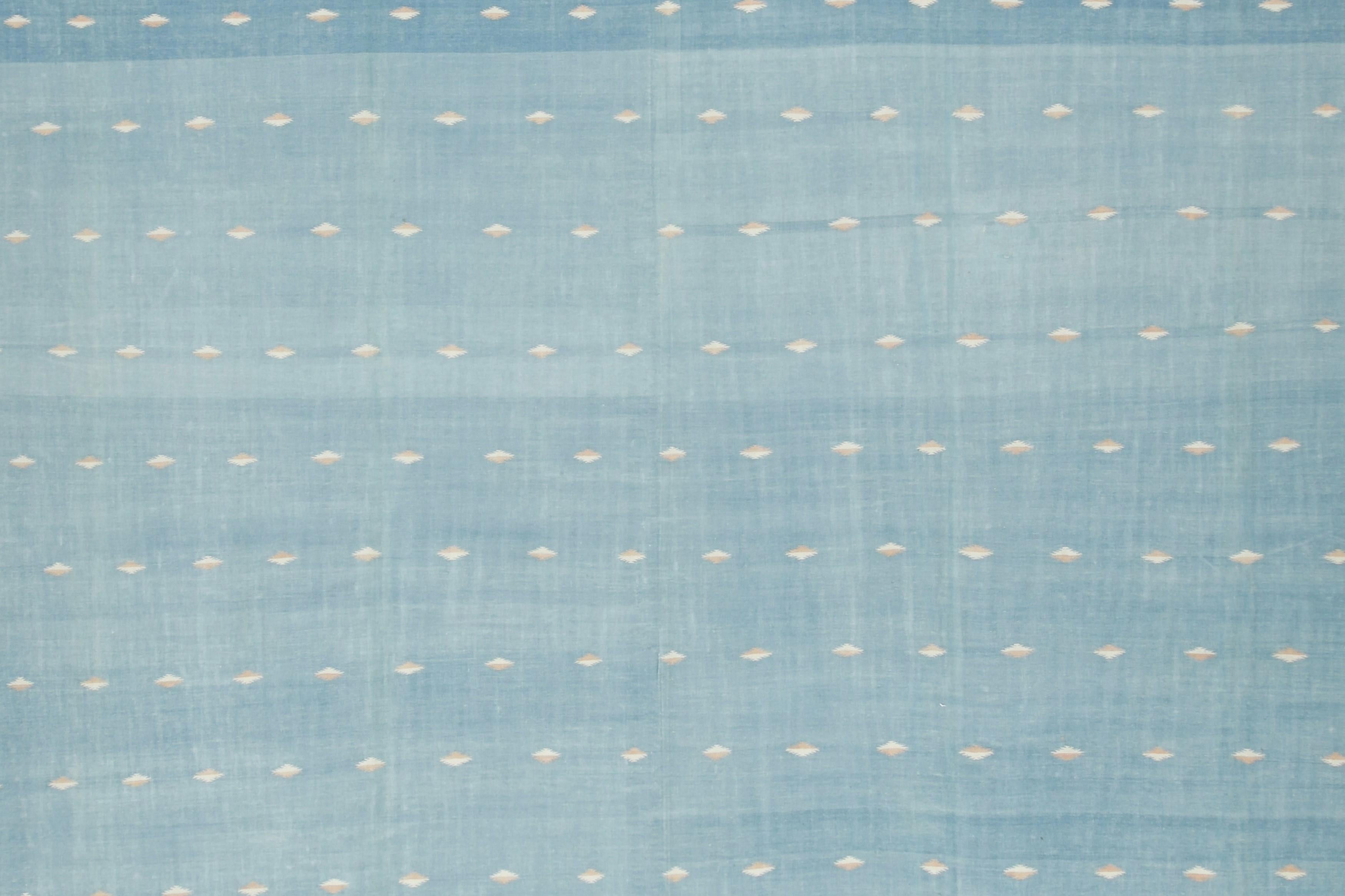 Indian Vintage Dhurrie Square Rug in Blue with Cream Geometric Patterns - Rug & Kilim For Sale