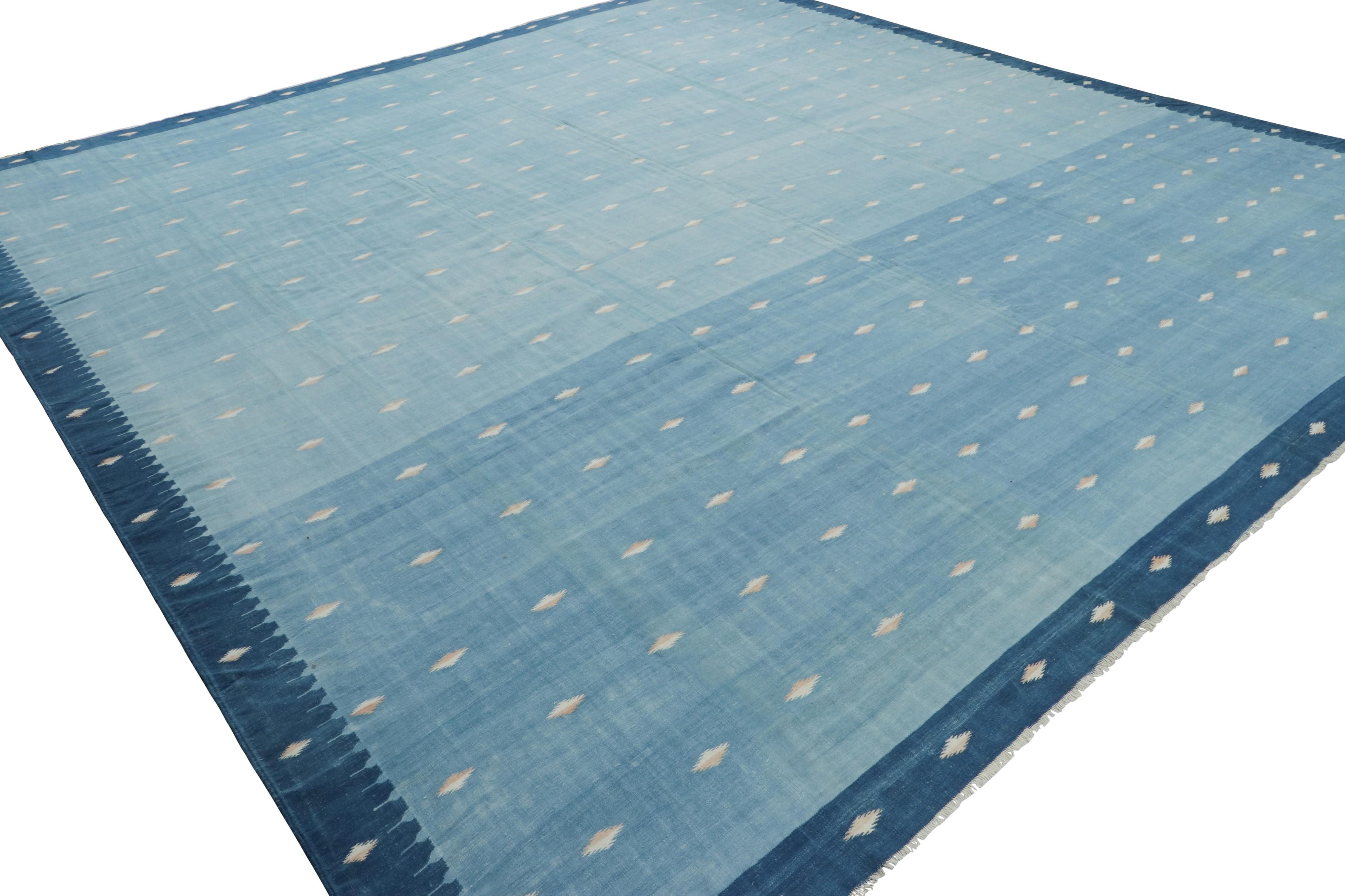 Hand-Woven Vintage Dhurrie Square Rug in Blue with Cream Geometric Patterns - Rug & Kilim For Sale