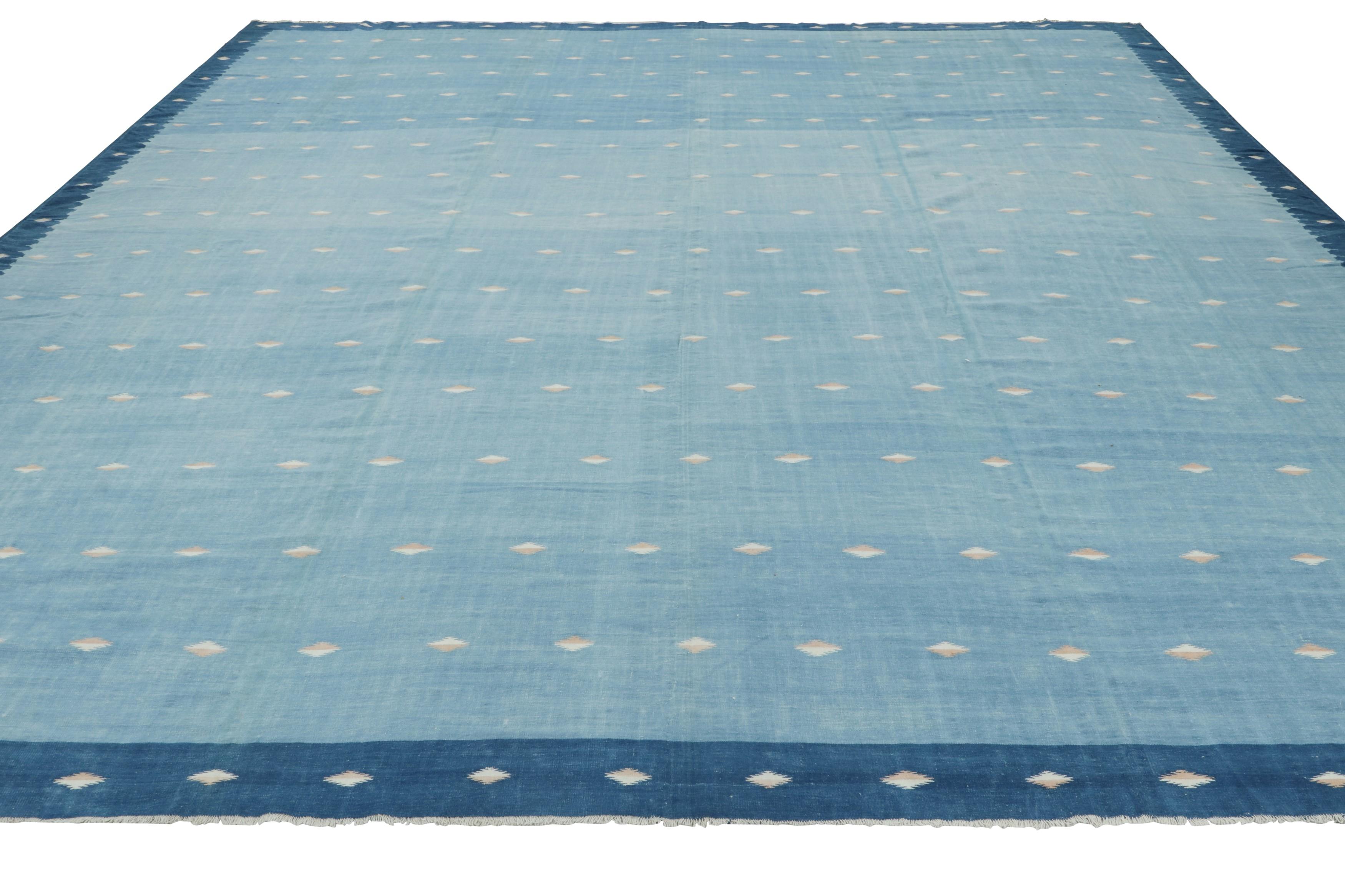 Vintage Dhurrie Square Rug in Blue with Cream Geometric Patterns - Rug & Kilim In Good Condition For Sale In Long Island City, NY