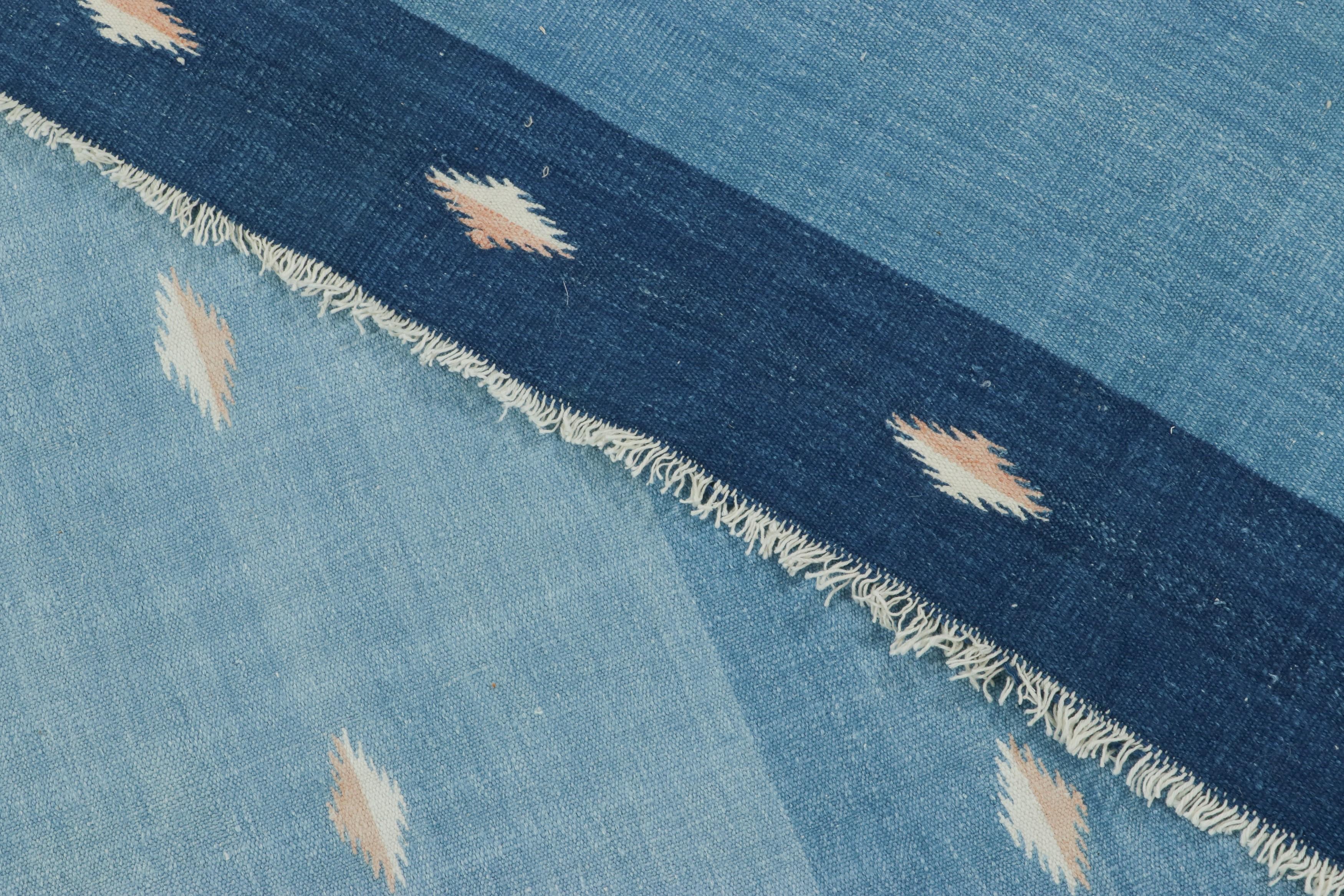 Cotton Vintage Dhurrie Square Rug in Blue with Cream Geometric Patterns - Rug & Kilim For Sale