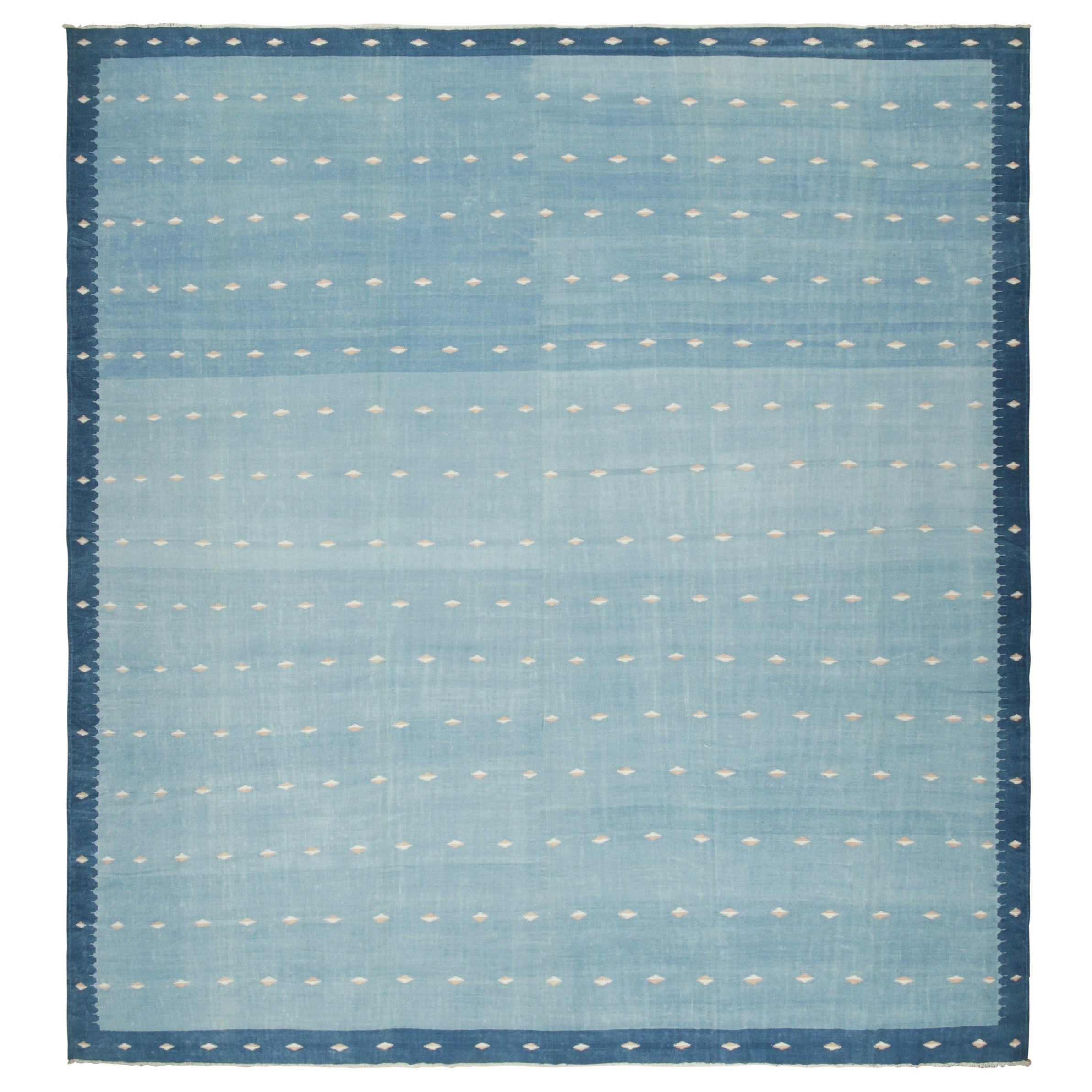 Vintage Dhurrie Square Rug in Blue with Cream Geometric Patterns - Rug & Kilim For Sale