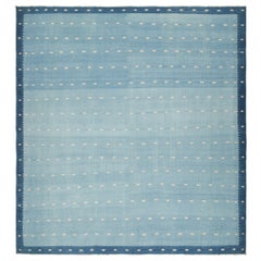 Vintage Dhurrie Square Rug in Blue with Cream Geometric Patterns - Rug & Kilim