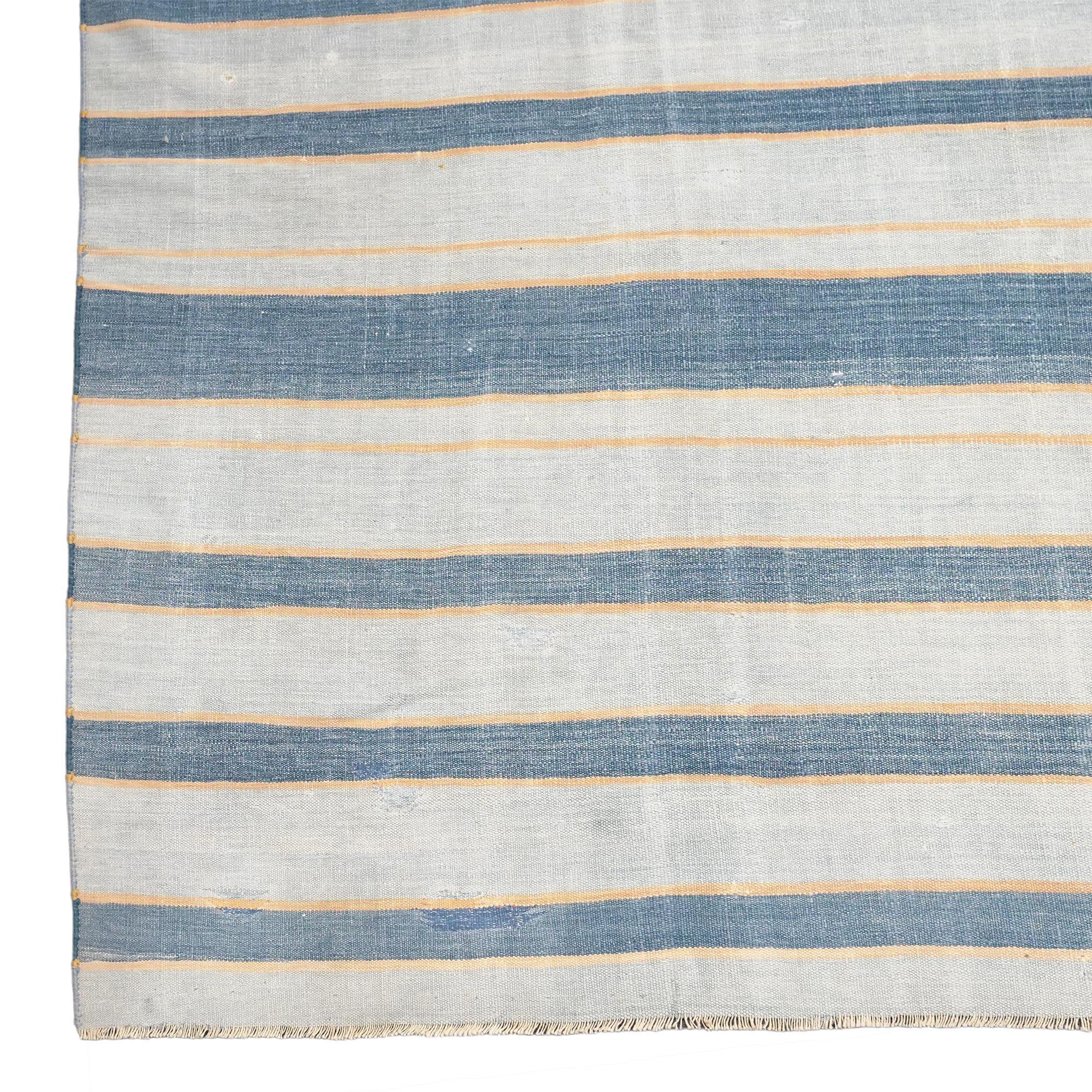 Hand-Woven Vintage Dhurrie Striped Square Rug in Blue, from Rug & Kilim For Sale