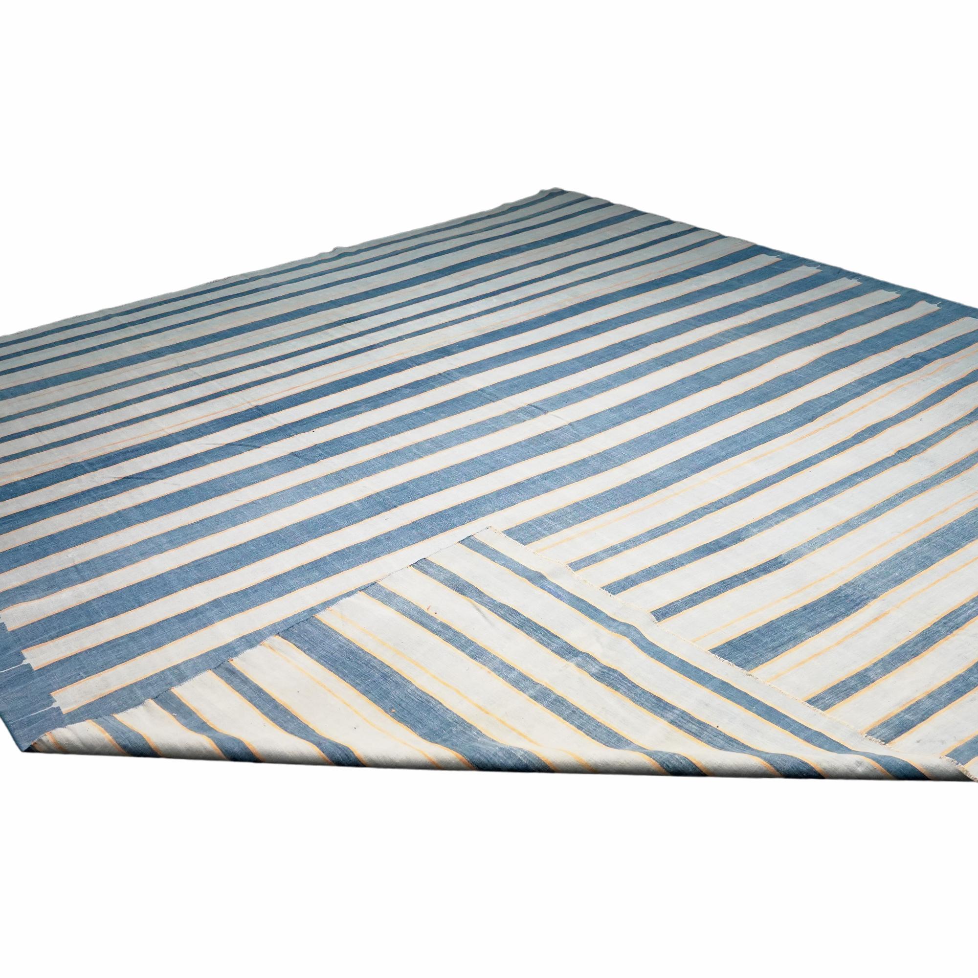 Mid-20th Century Vintage Dhurrie Striped Square Rug in Blue, from Rug & Kilim For Sale