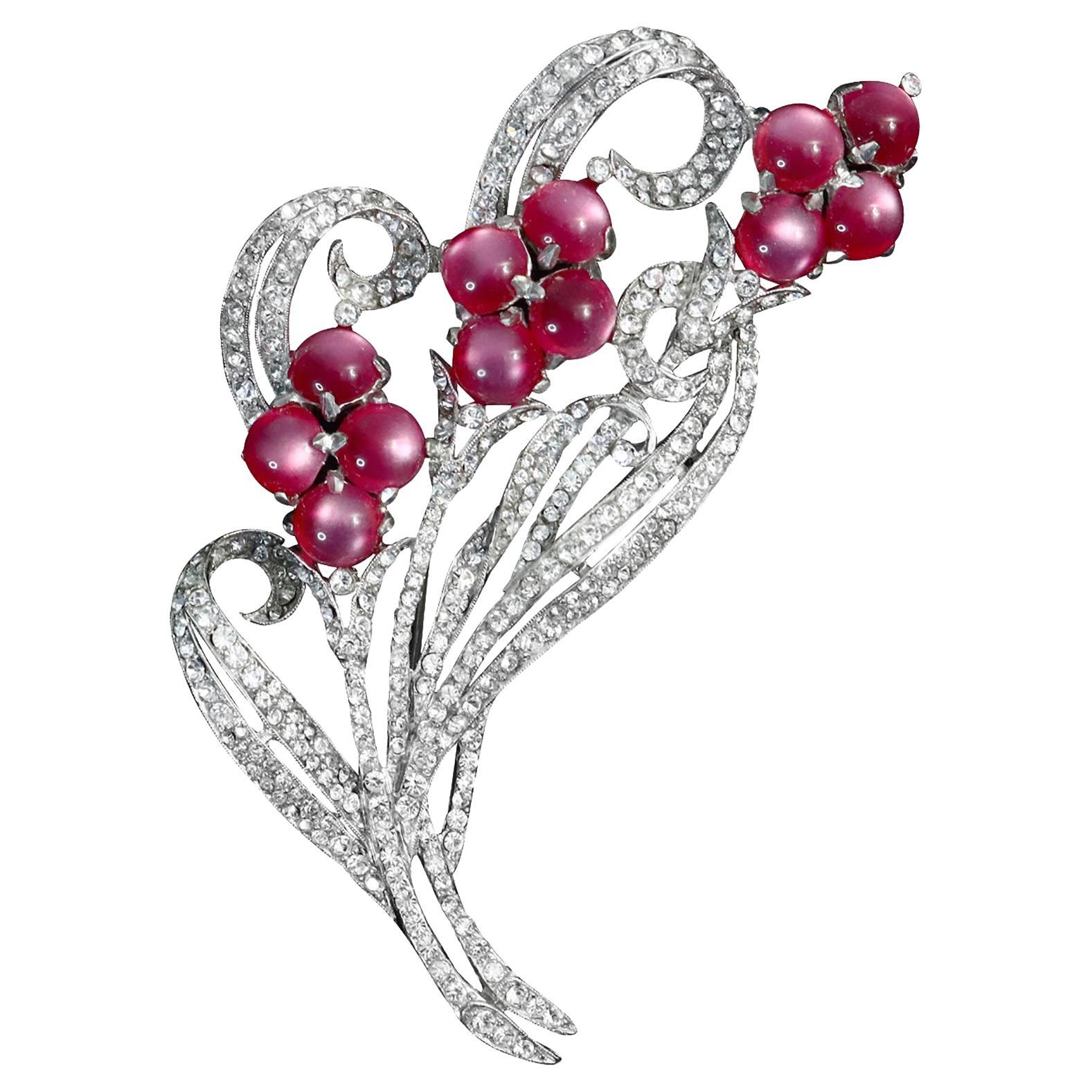Vintage Blumenbrosche mit Diamanten und rosa Diamanten, ca. 1940er Jahre