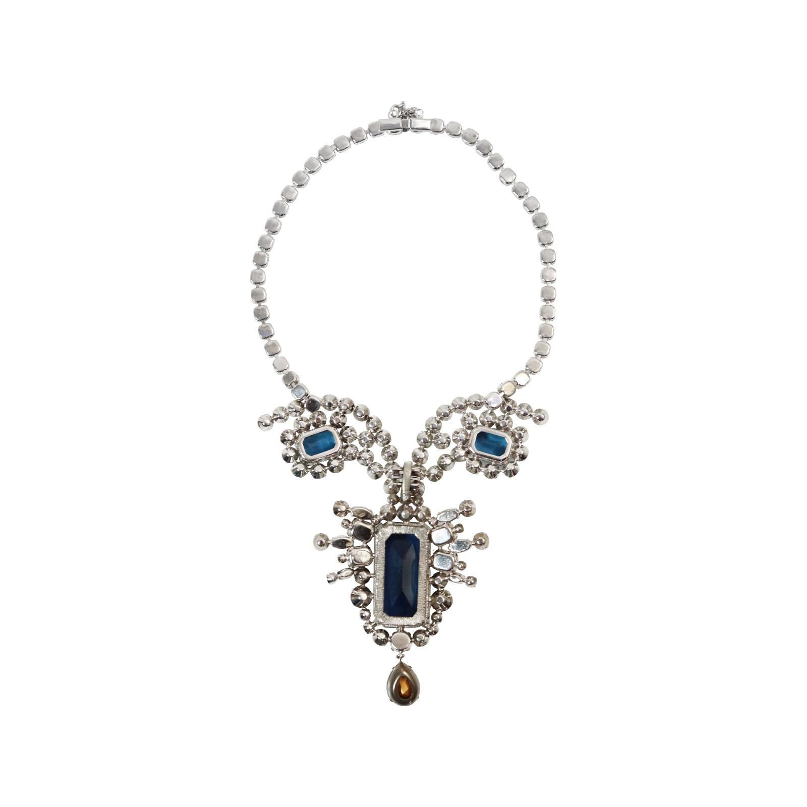 Modern Vintage Diamante and Sapphire Drop Necklace Circa 1980's For Sale