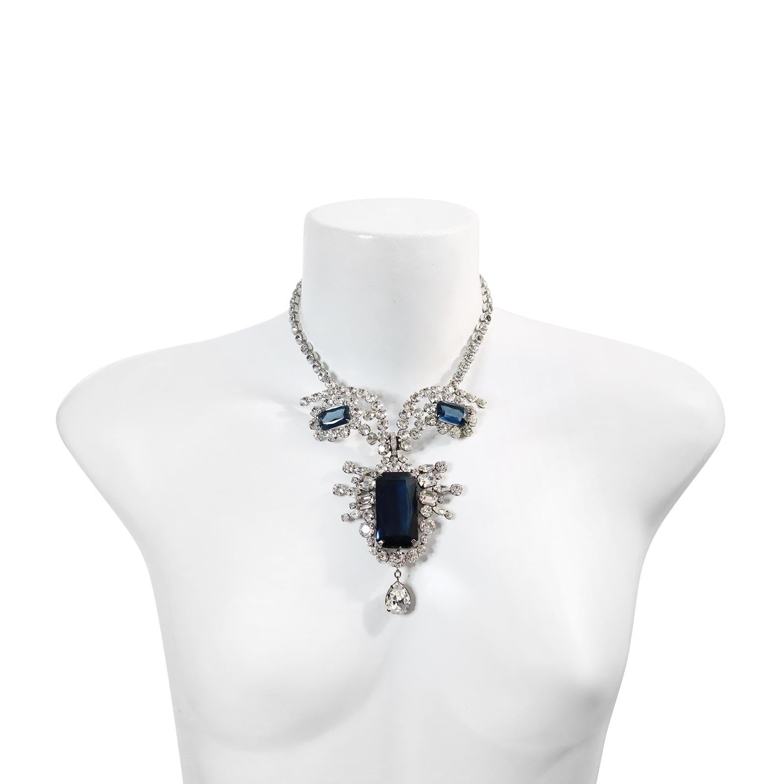 Women's or Men's Vintage Diamante and Sapphire Drop Necklace Circa 1980's For Sale