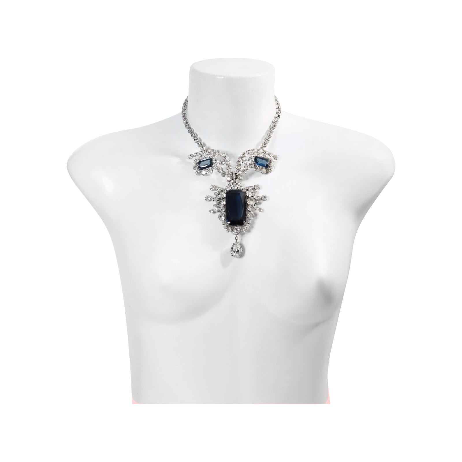 Women's or Men's Vintage Diamante and Sapphire Drop Necklace Circa 1980's For Sale