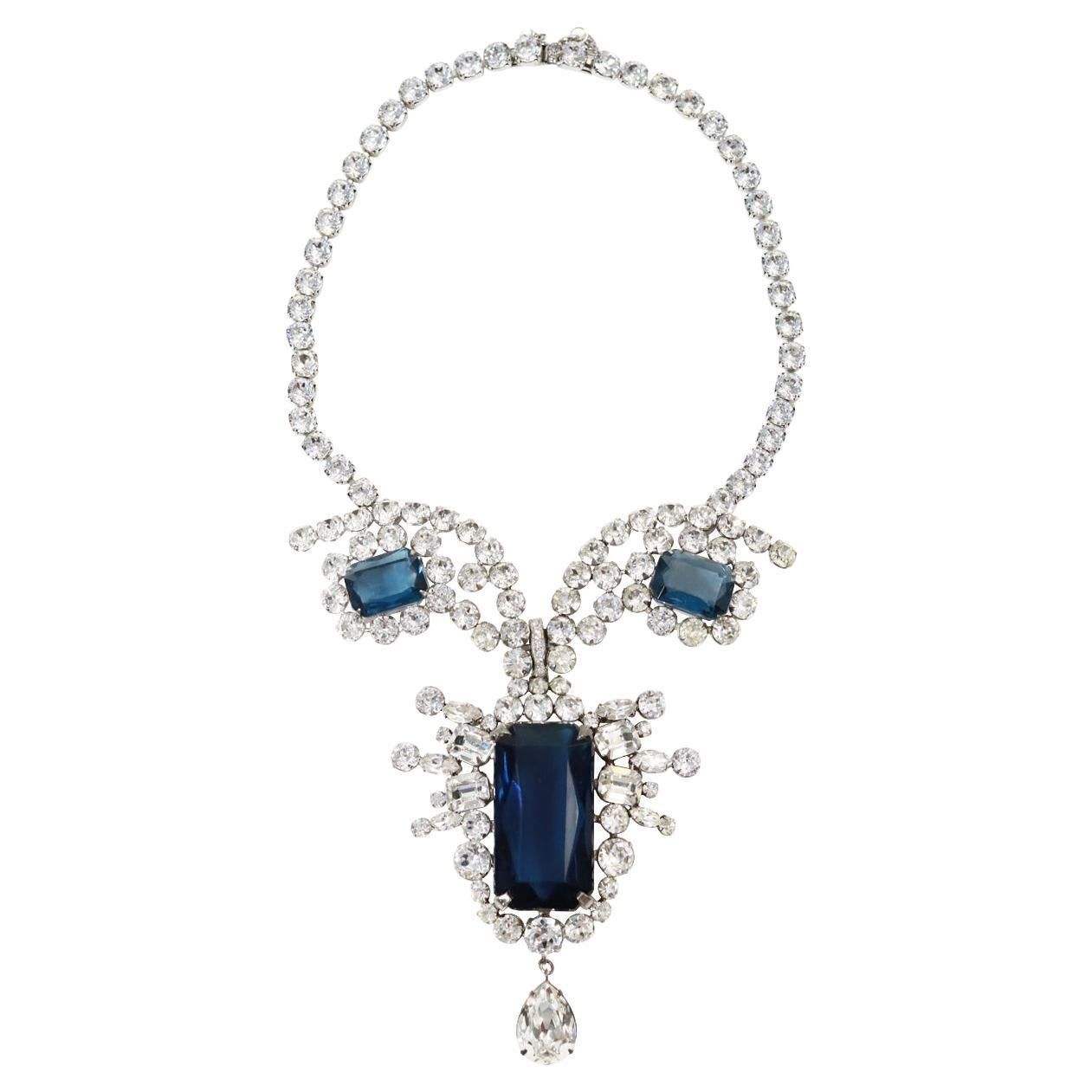 Vintage Diamante and Sapphire Drop Necklace Circa 1980's For Sale
