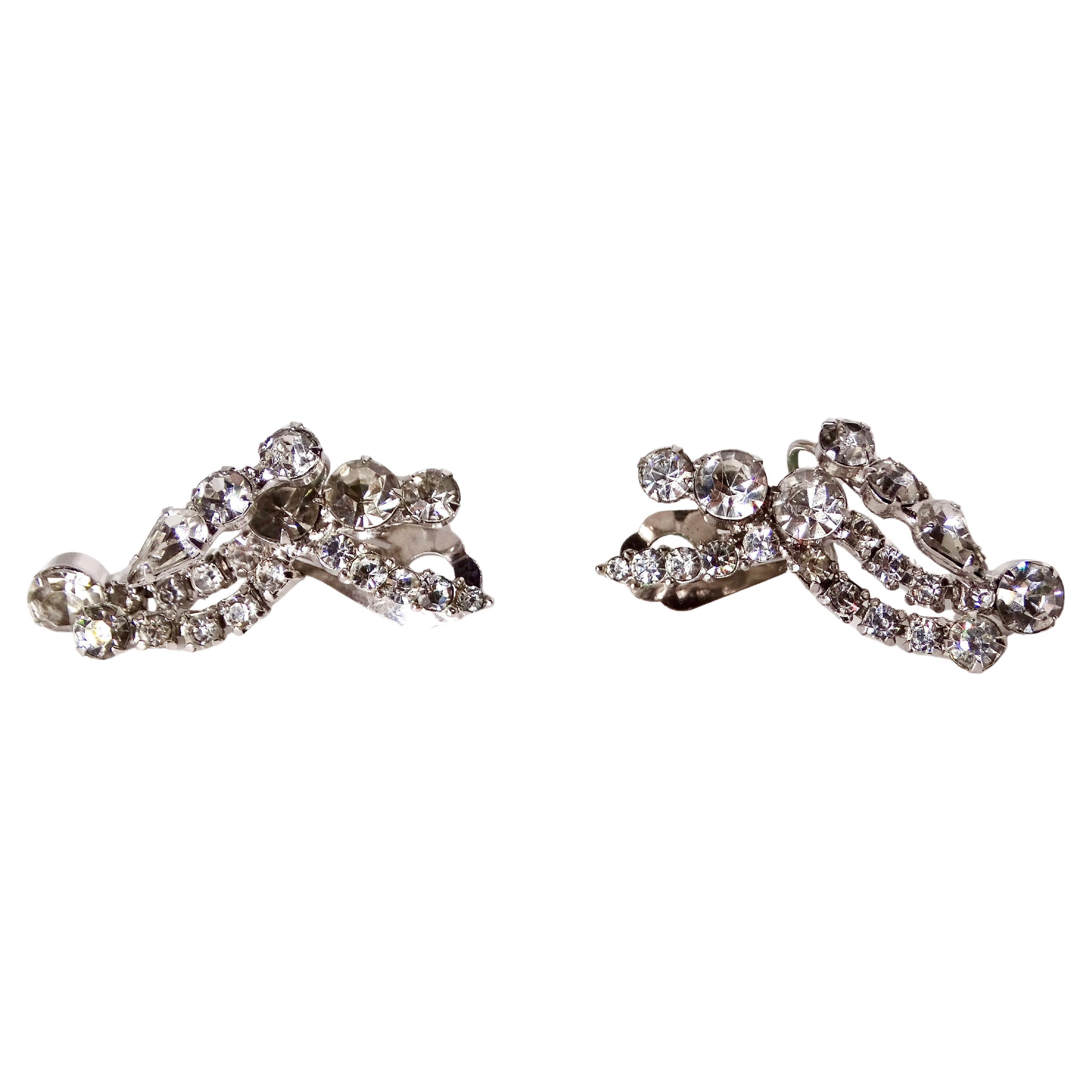 Vintage Diamante Crystal & Sterling Silver Plated Dangle Earrings For Sale