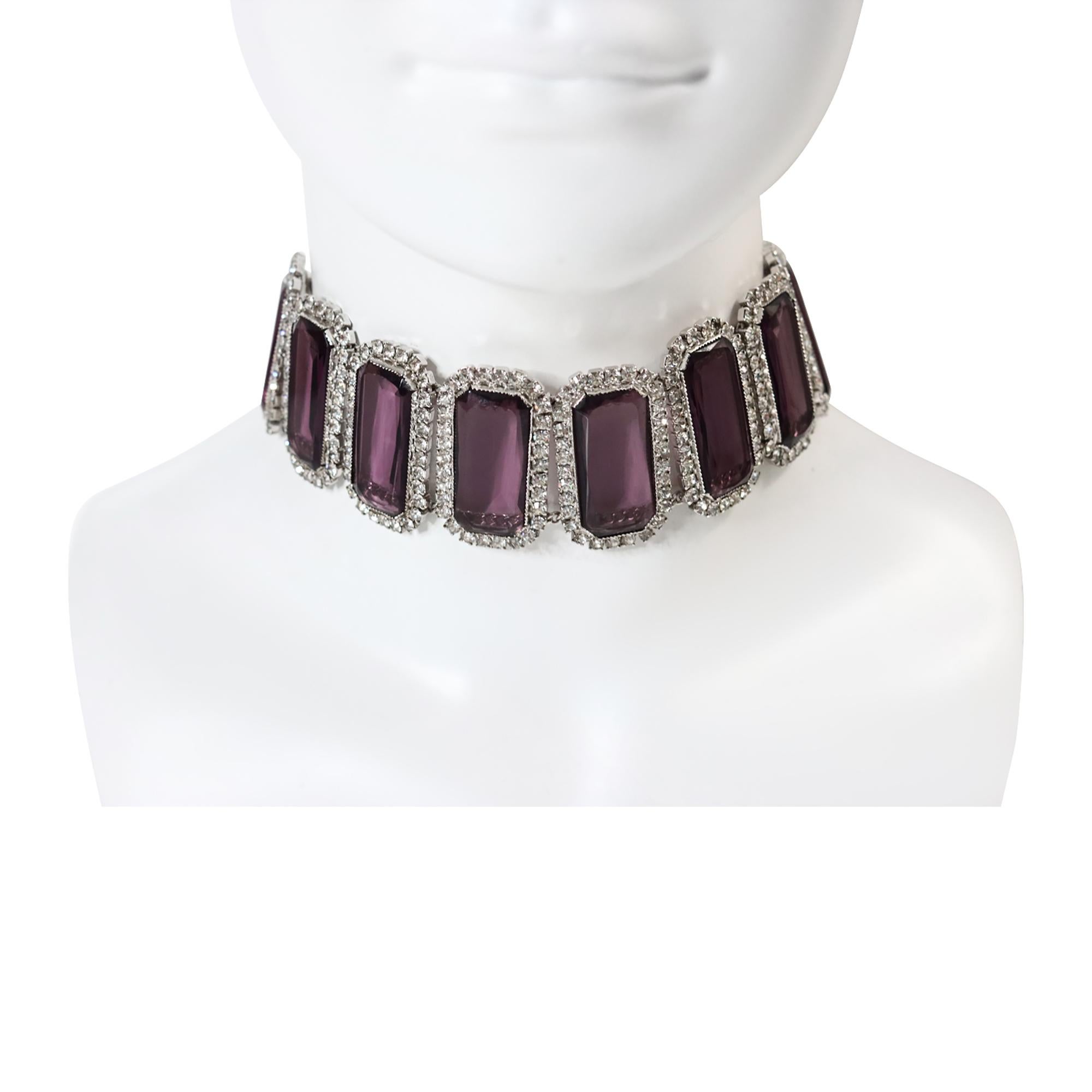 Modern Vintage Diamante Emerald Shape With Purple Choker Circa 1980s For Sale