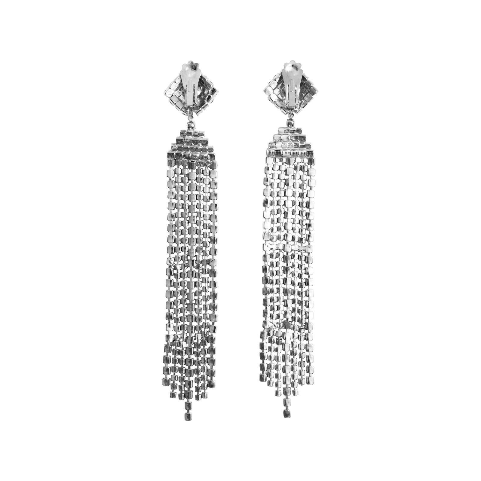Vintage Diamante Fringe Dangling Long Waterfall Earrings, Circa 1980s In Good Condition For Sale In New York, NY