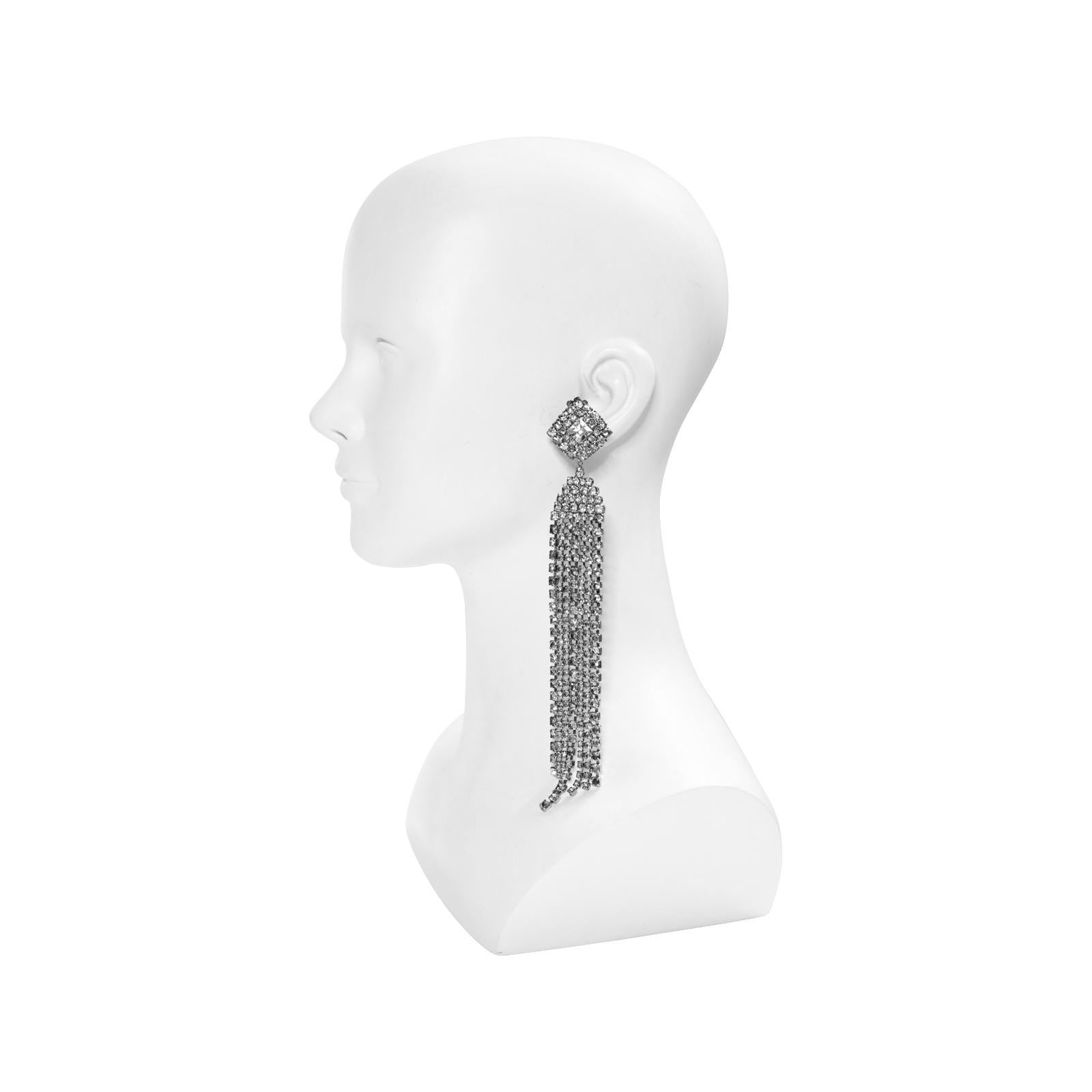 Vintage Diamante Fringe Dangling Long Waterfall Earrings, Circa 1980s For Sale 3