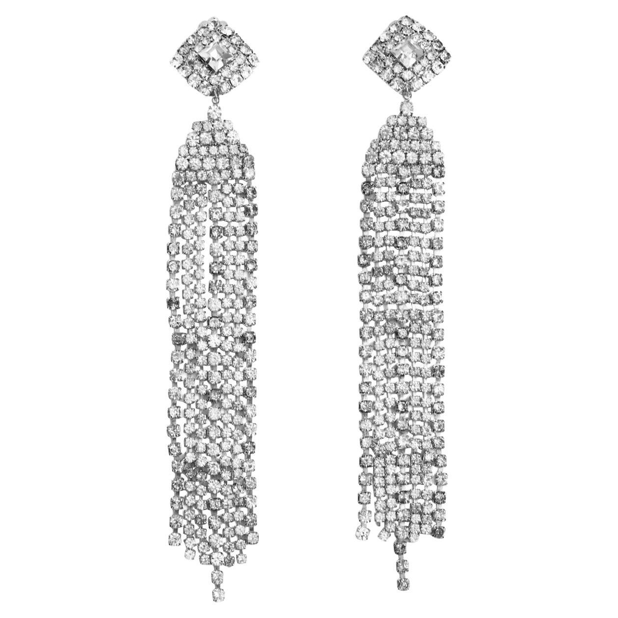 Pendientes largos en cascada con flecos de diamantes vintage, años 80