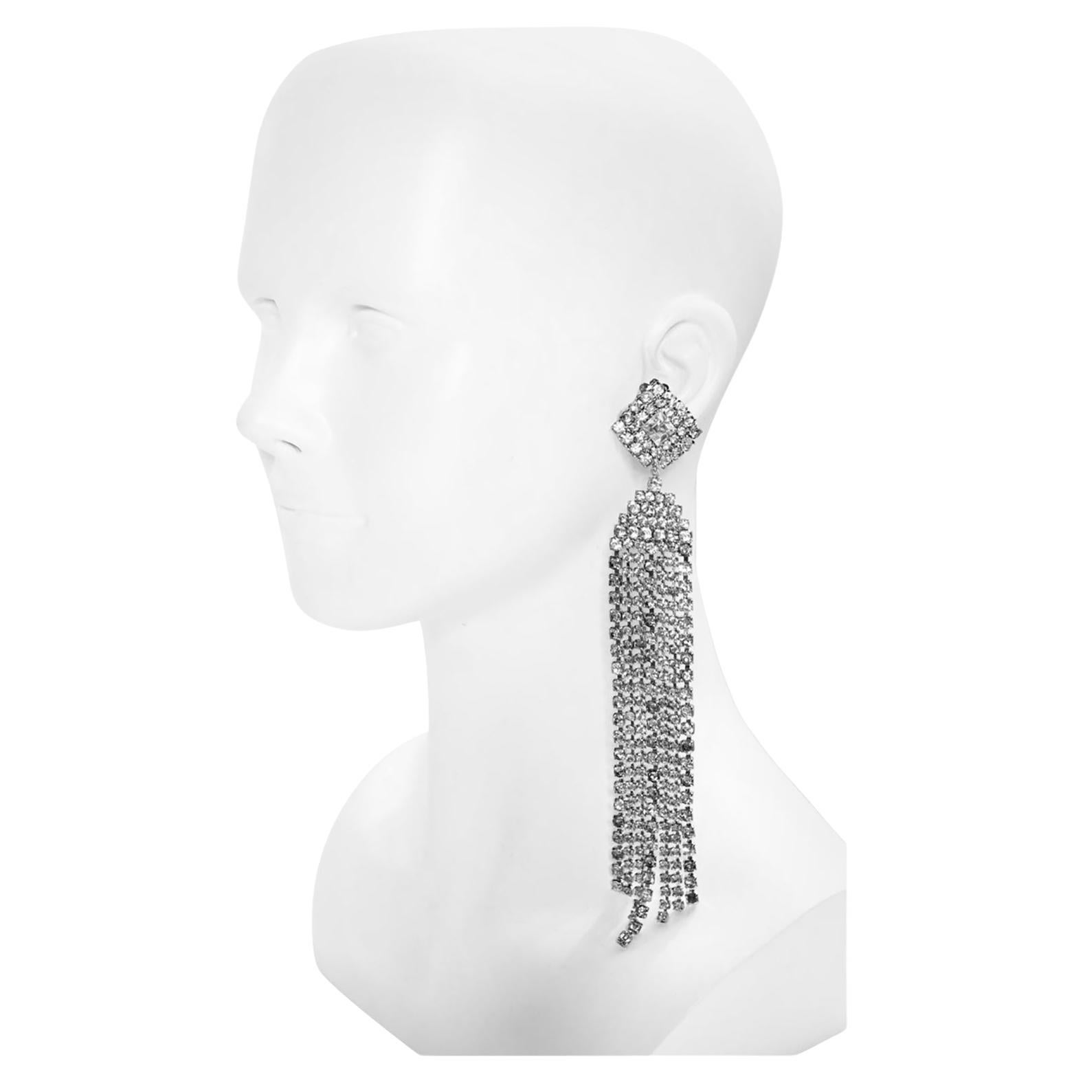Boucles d'oreilles longues en cascade avec franges de diamants, Circa Vintage, 1980