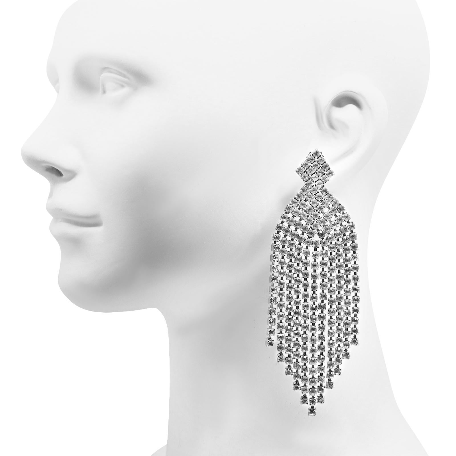 Vintage Diamante Fringe Dangling Waterfall Earrings. Looks great with a t shirt or for a night out. Clip On. These look so fun and so chic for the holidays or even for lunch out during the next few months.  Throw on a white shirt, jeans and a black