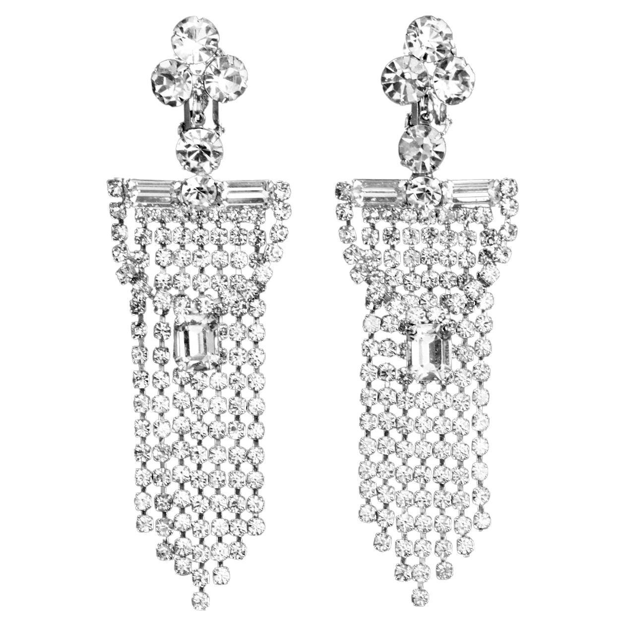 Vintage Diamante Fringe Waterfall Earrings, Circa 1960s In Good Condition For Sale In New York, NY