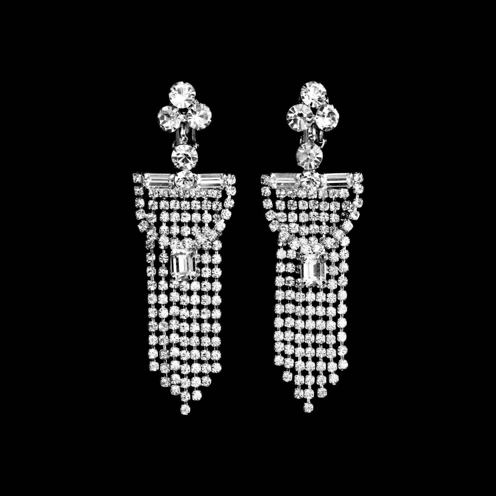 Women's or Men's Vintage Diamante Fringe Waterfall Earrings, Circa 1960s For Sale