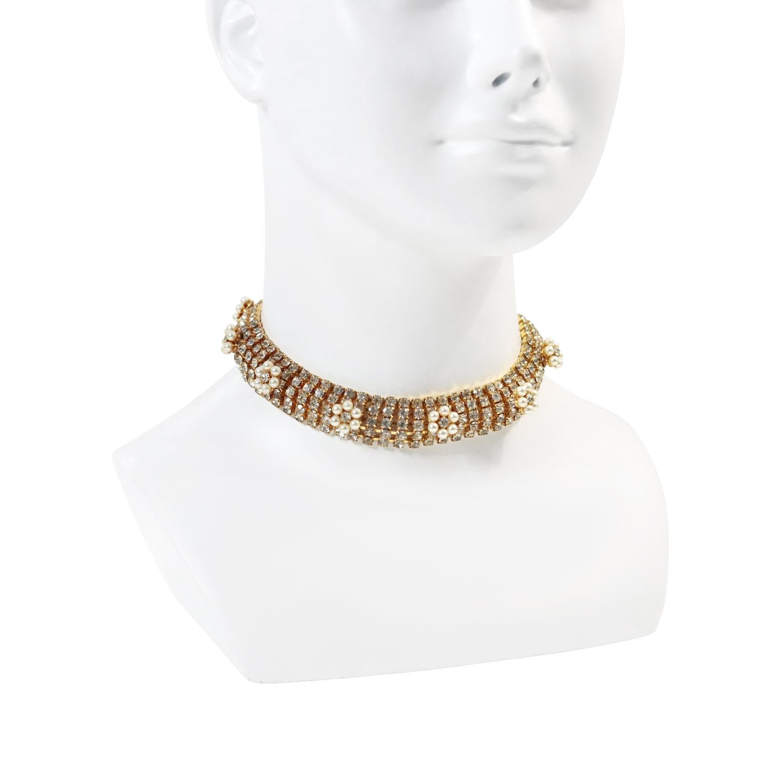 Modern Vintage Diamante Gold Tone with Faux Pearl Mid Size Choker Circa 1970s For Sale