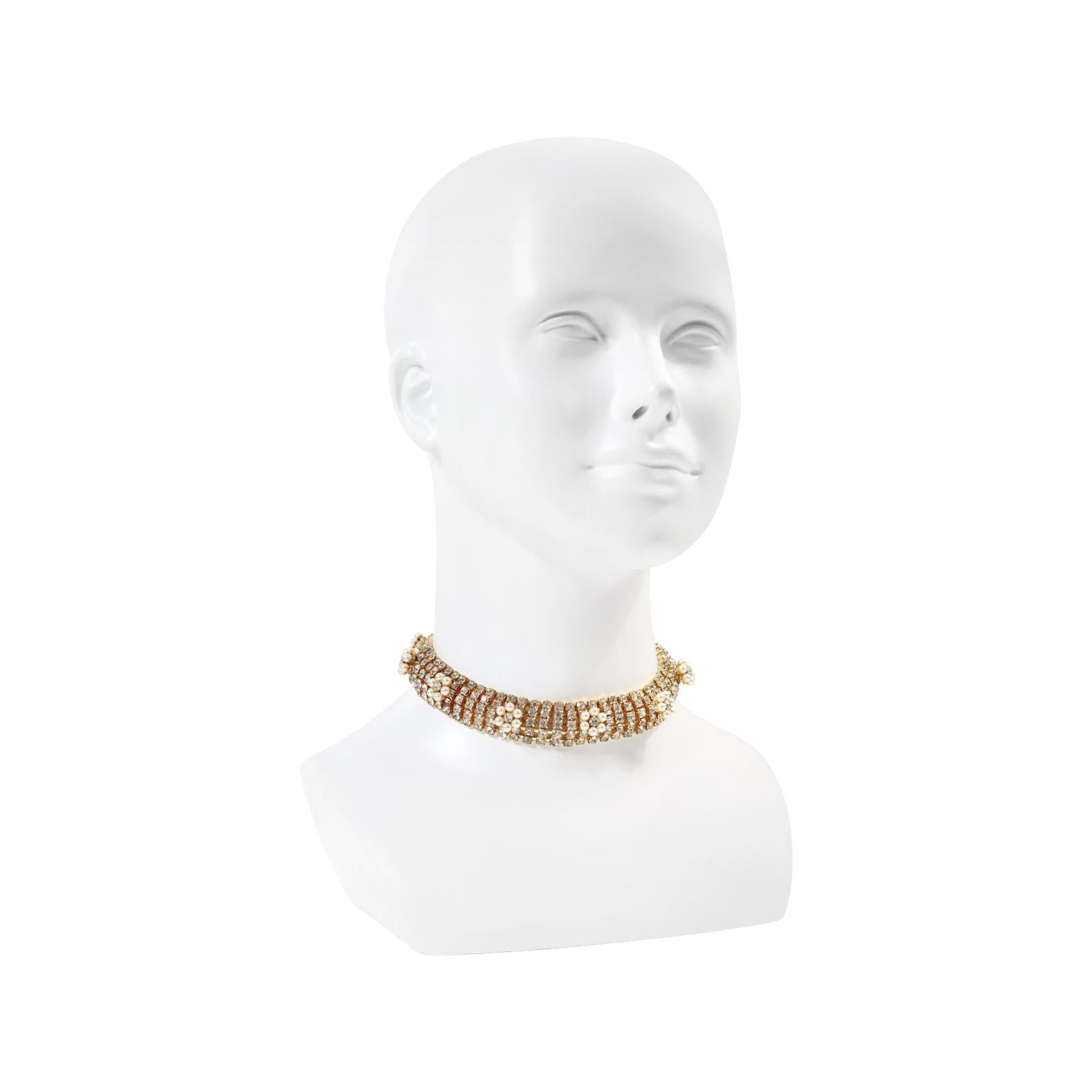 Vintage Diamante Gold Tone with Faux Pearl Mid Size Choker Circa 1970s In Good Condition For Sale In New York, NY
