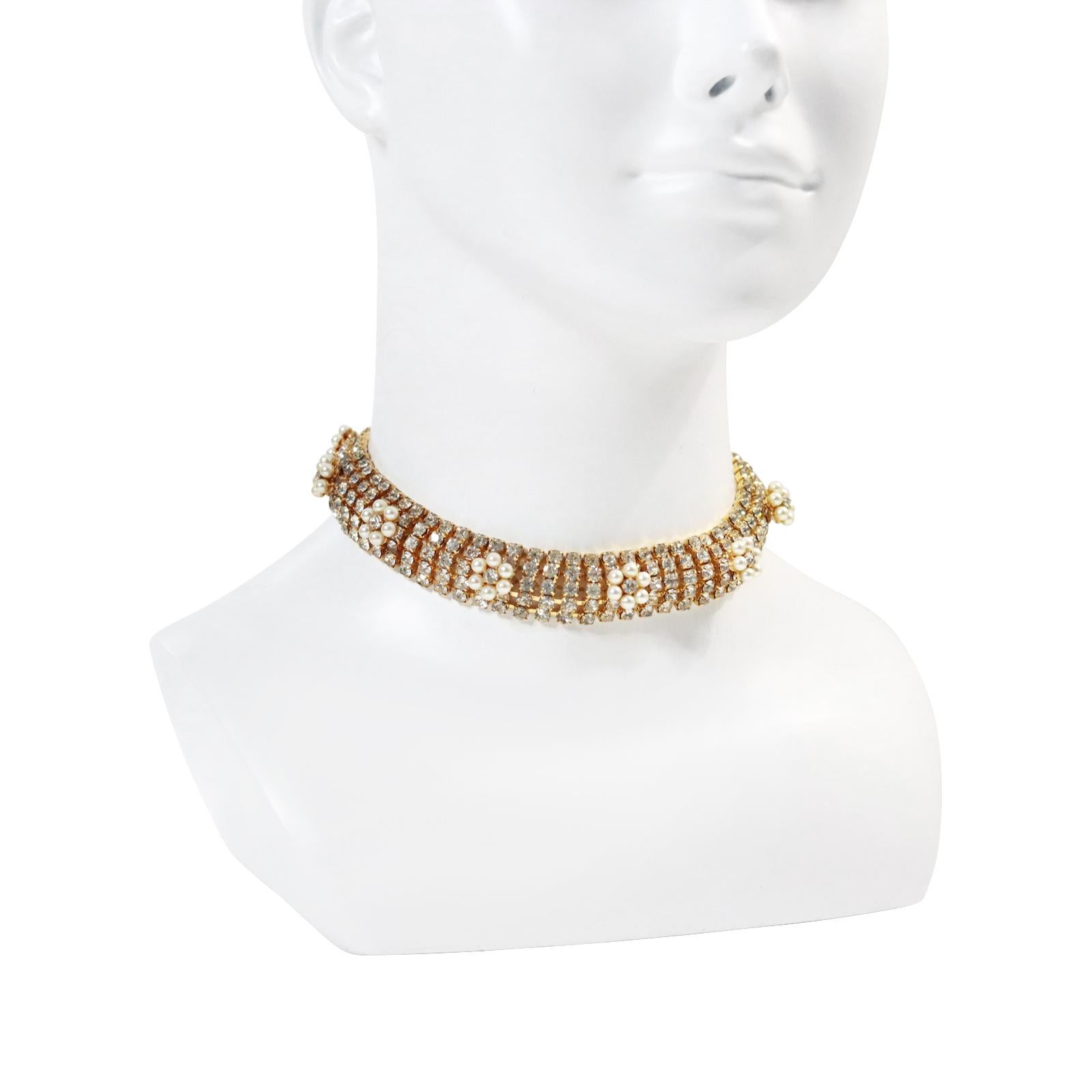 Women's or Men's Vintage Diamante Gold Tone with Faux Pearl Mid Size Choker Circa 1970s For Sale