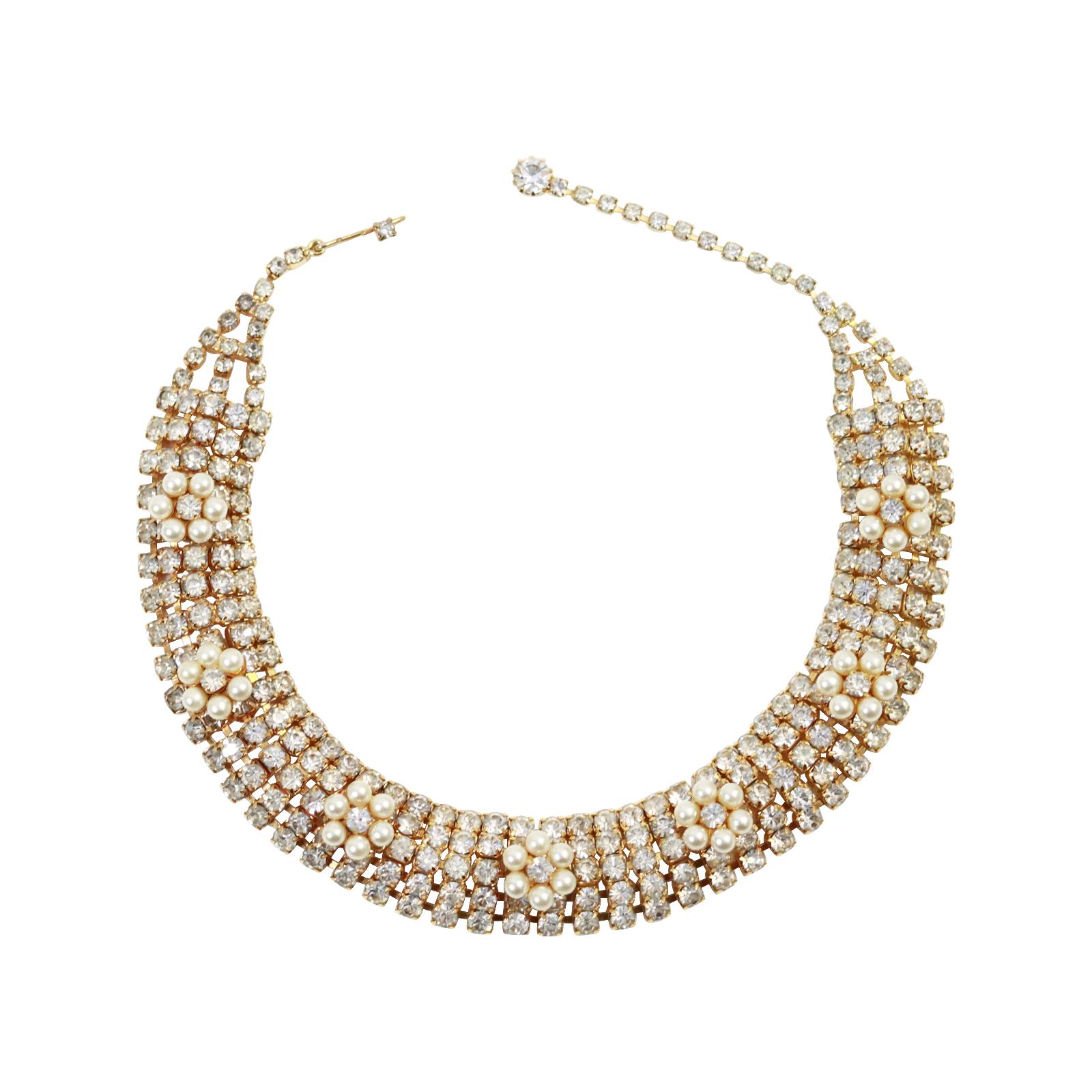Vintage Diamante Gold Tone with Faux Pearl Mid Size Choker Circa 1970s For Sale 1