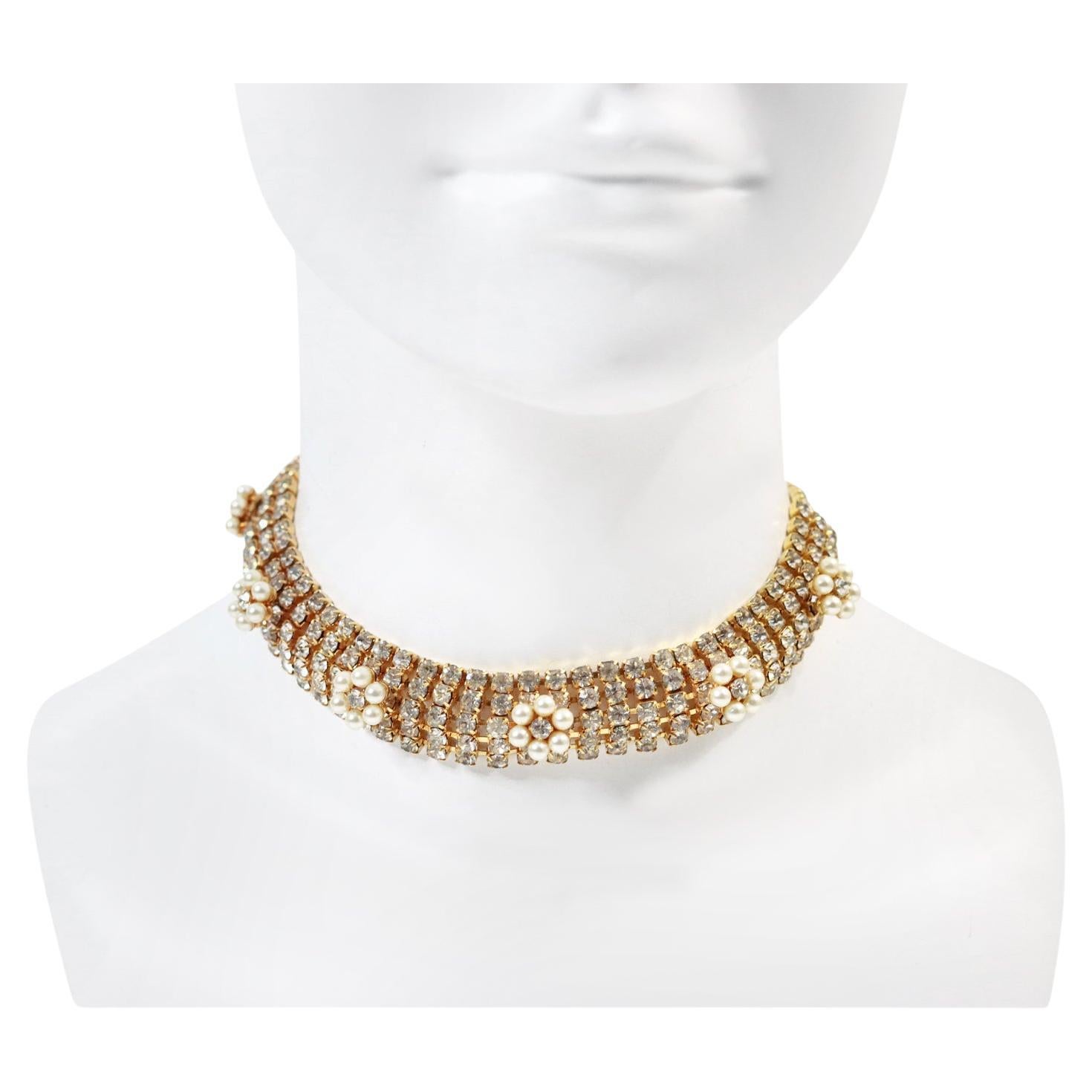 Vintage Diamante Gold Tone with Faux Pearl Mid Size Choker Circa 1970s